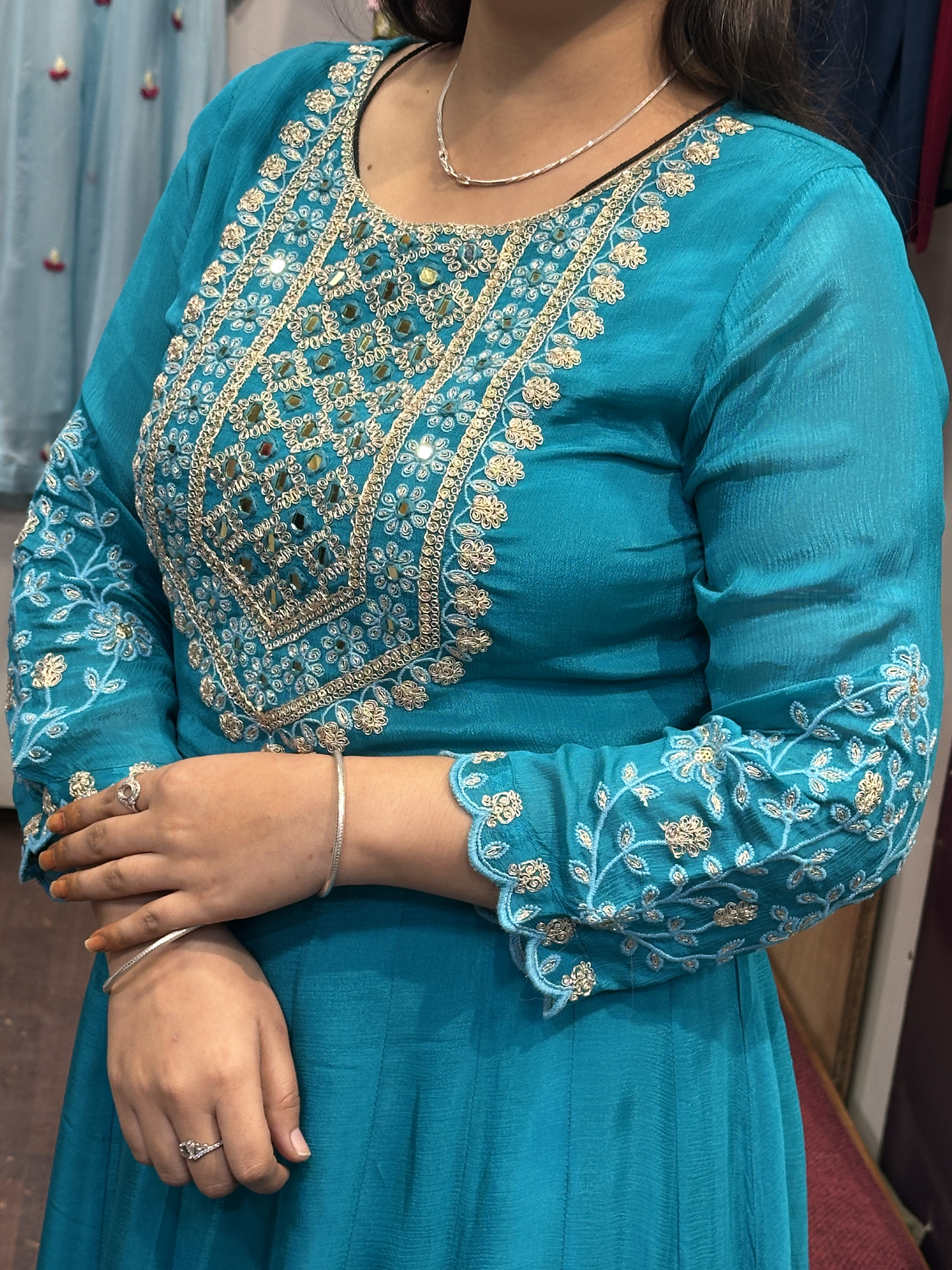 Sky blue Pure chinnon with Handwork on Neck and full Flair Anarkali Suit with Embroidered Chinnon Dupatta & Pant