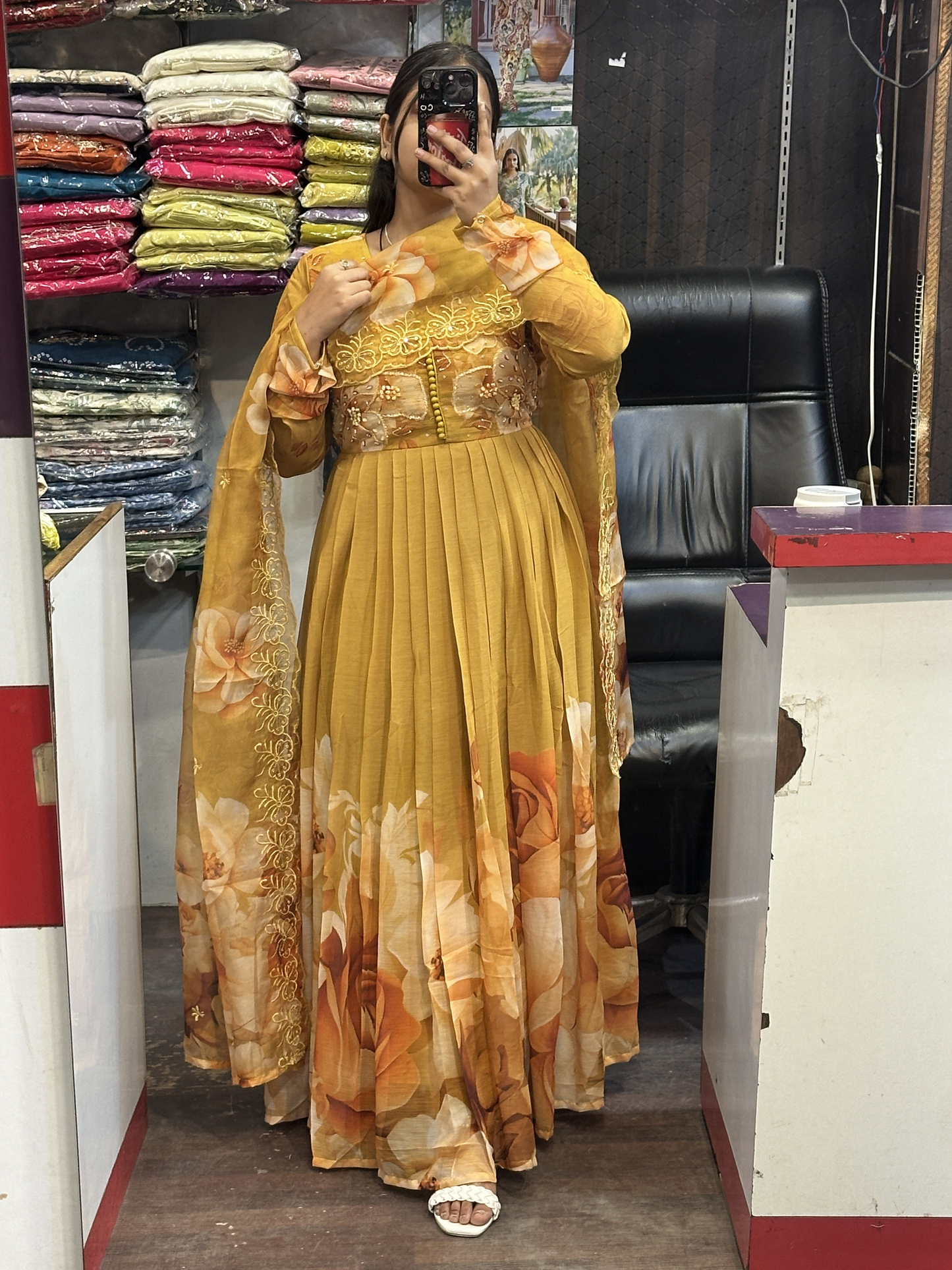 Mustard Soft Chiffon Floral Print Full Flair Anarkali Suit with Hand Embroidery Work on Neck & Embroidered Organza Dupatta