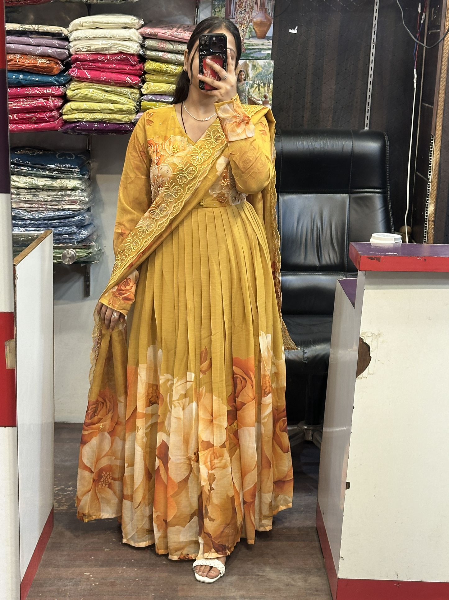 Mustard Soft Chiffon Floral Print Full Flair Anarkali Suit with Hand Embroidery Work on Neck & Embroidered Organza Dupatta