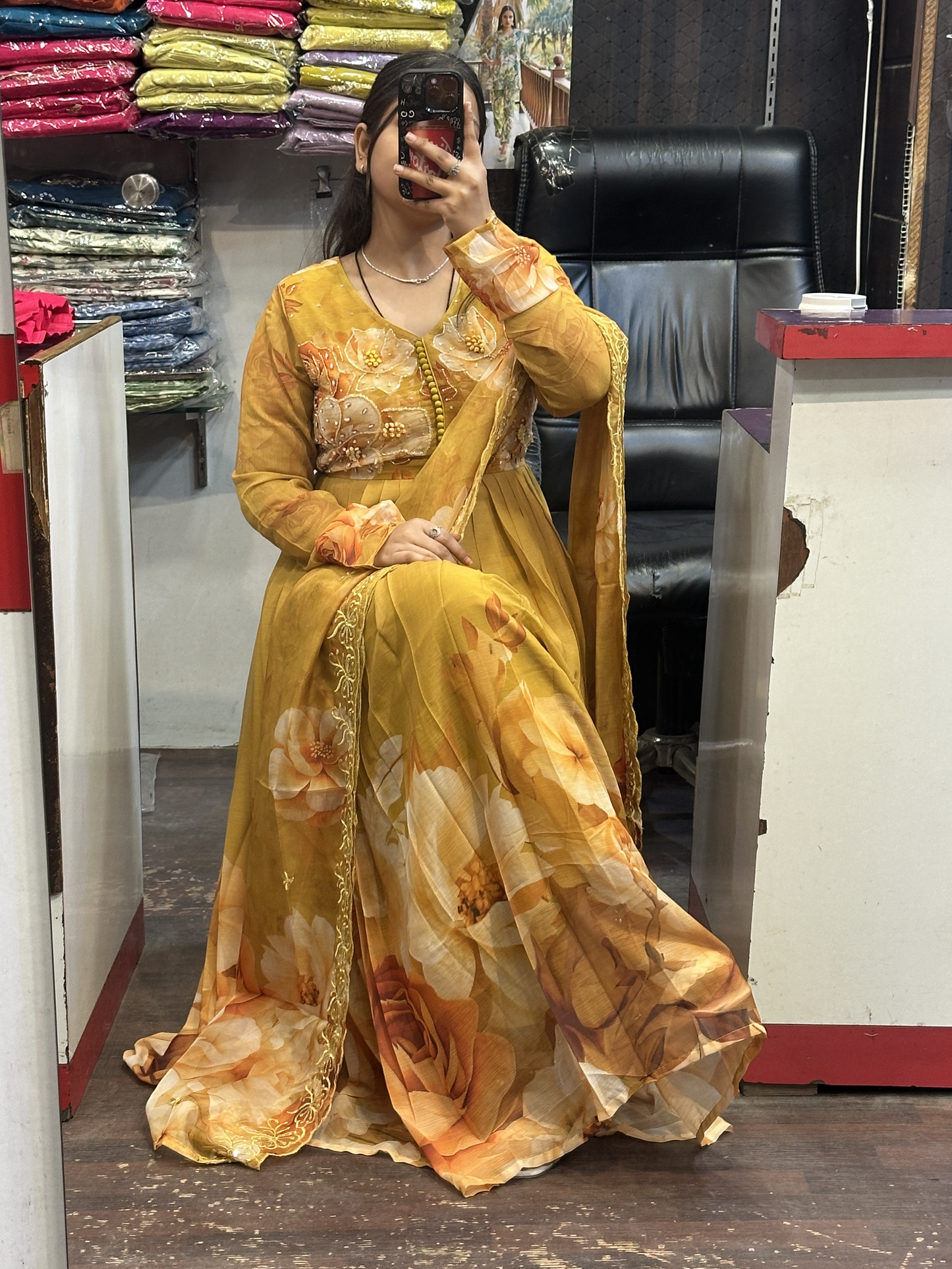 Mustard Soft Chiffon Floral Print Full Flair Anarkali Suit with Hand Embroidery Work on Neck & Embroidered Organza Dupatta