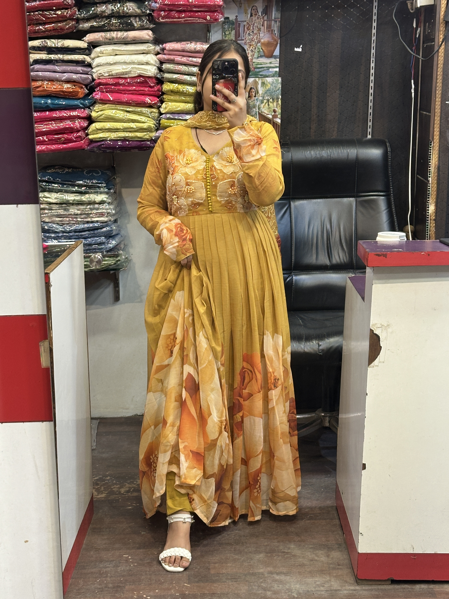 Mustard Soft Chiffon Floral Print Full Flair Anarkali Suit with Hand Embroidery Work on Neck & Embroidered Organza Dupatta