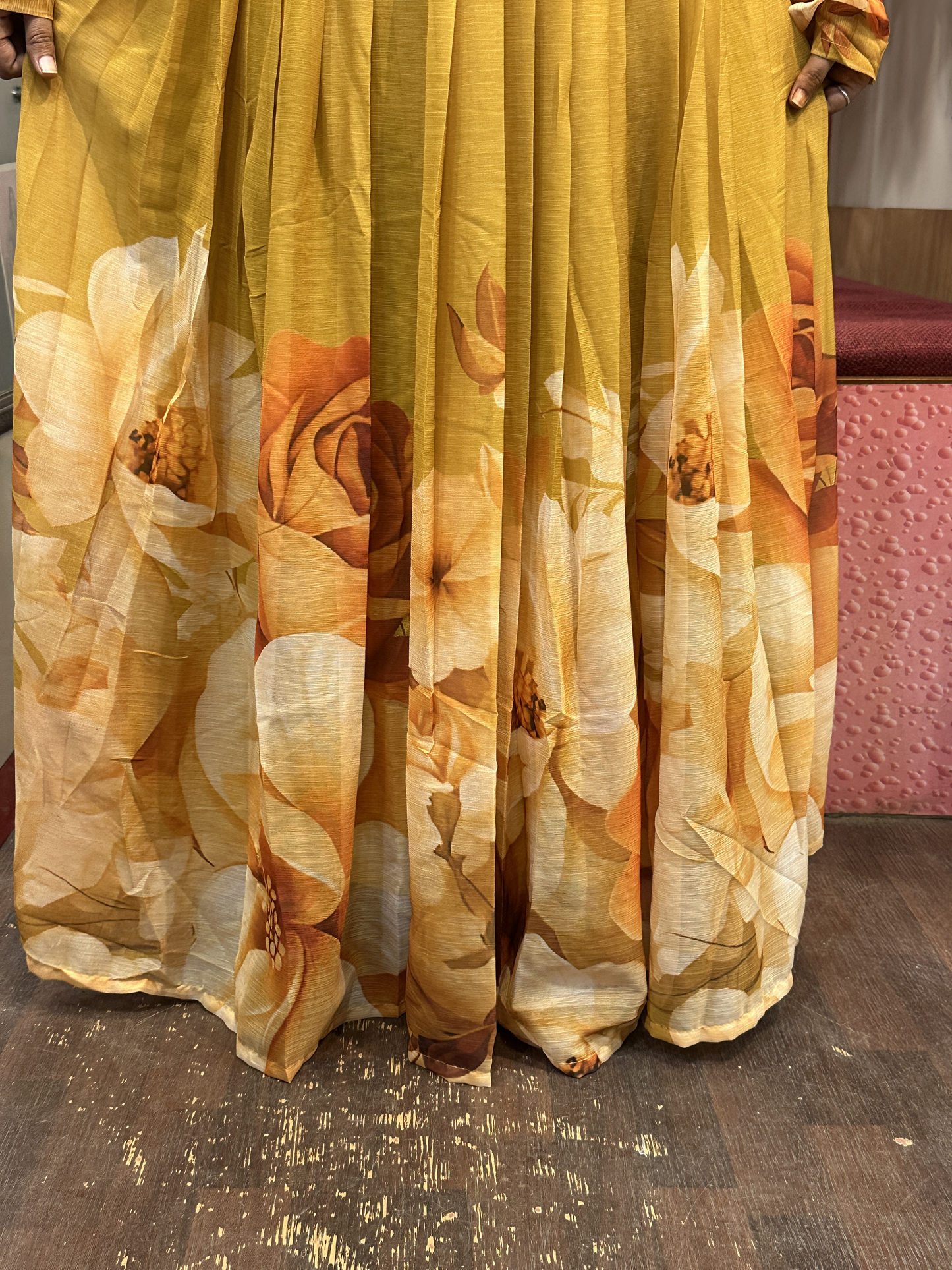 Mustard Soft Chiffon Floral Print Full Flair Anarkali Suit with Hand Embroidery Work on Neck & Embroidered Organza Dupatta