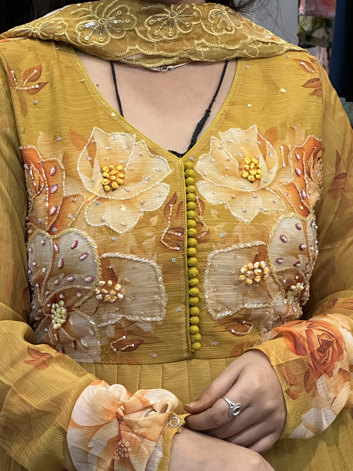 Mustard Soft Chiffon Floral Print Full Flair Anarkali Suit with Hand Embroidery Work on Neck & Embroidered Organza Dupatta