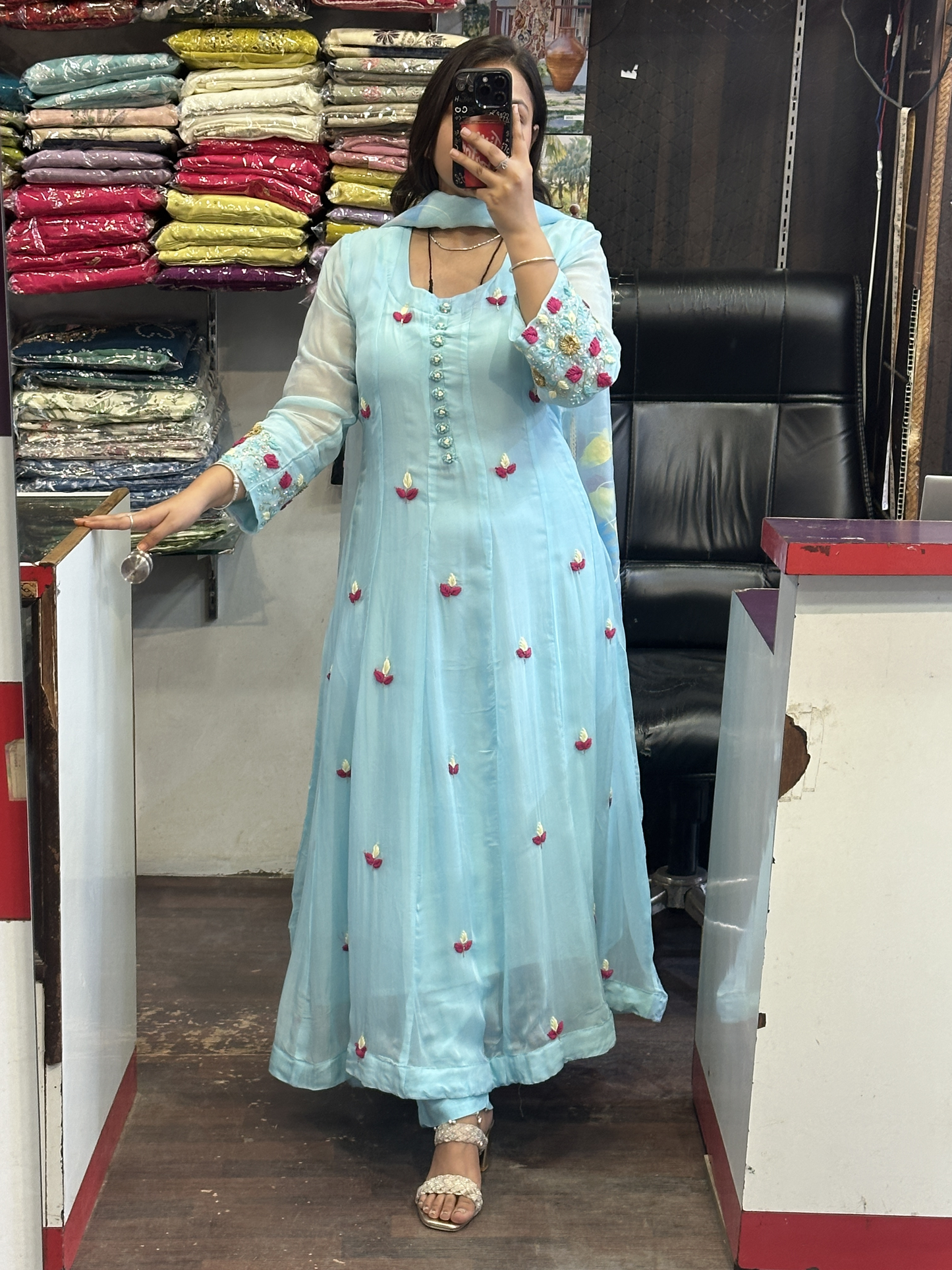 Sky Blue Organza Designer Anarkali Dress with Handwork Sleeves with Pant and Full Brush Paint Organza Dupatta