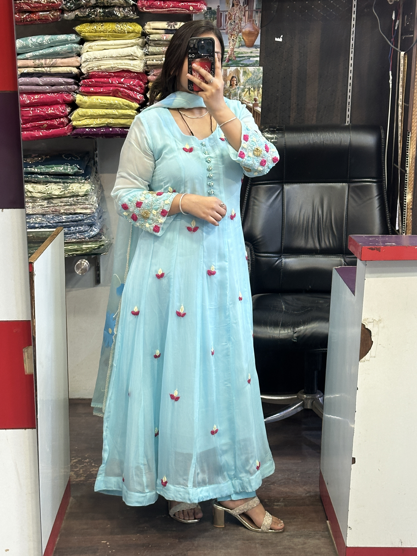 Sky Blue Organza Designer Anarkali Dress with Handwork Sleeves with Pant and Full Brush Paint Organza Dupatta