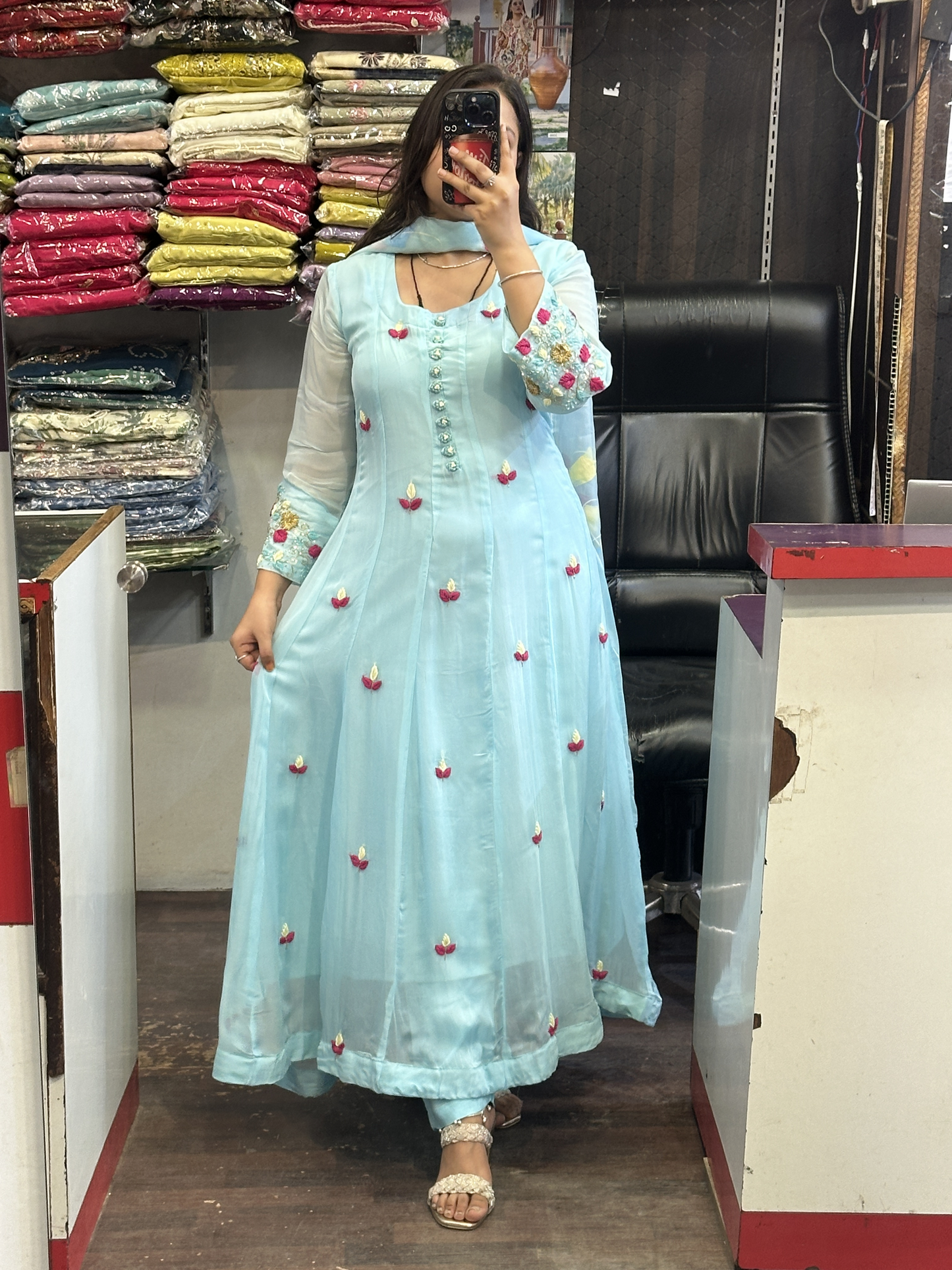 Sky Blue Organza Designer Anarkali Dress with Handwork Sleeves with Pant and Full Brush Paint Organza Dupatta