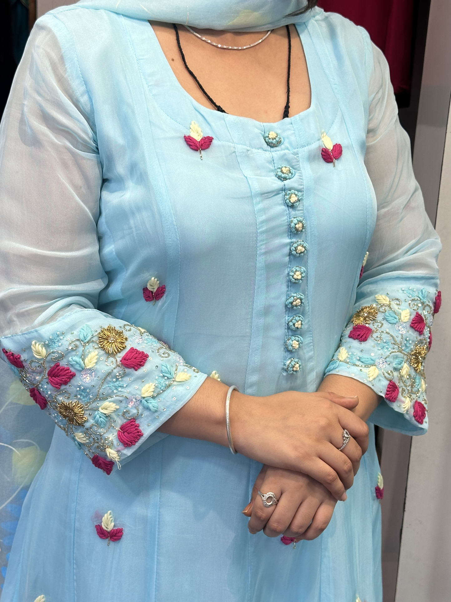 Sky Blue Organza Designer Anarkali Dress with Handwork Sleeves with Pant and Full Brush Paint Organza Dupatta