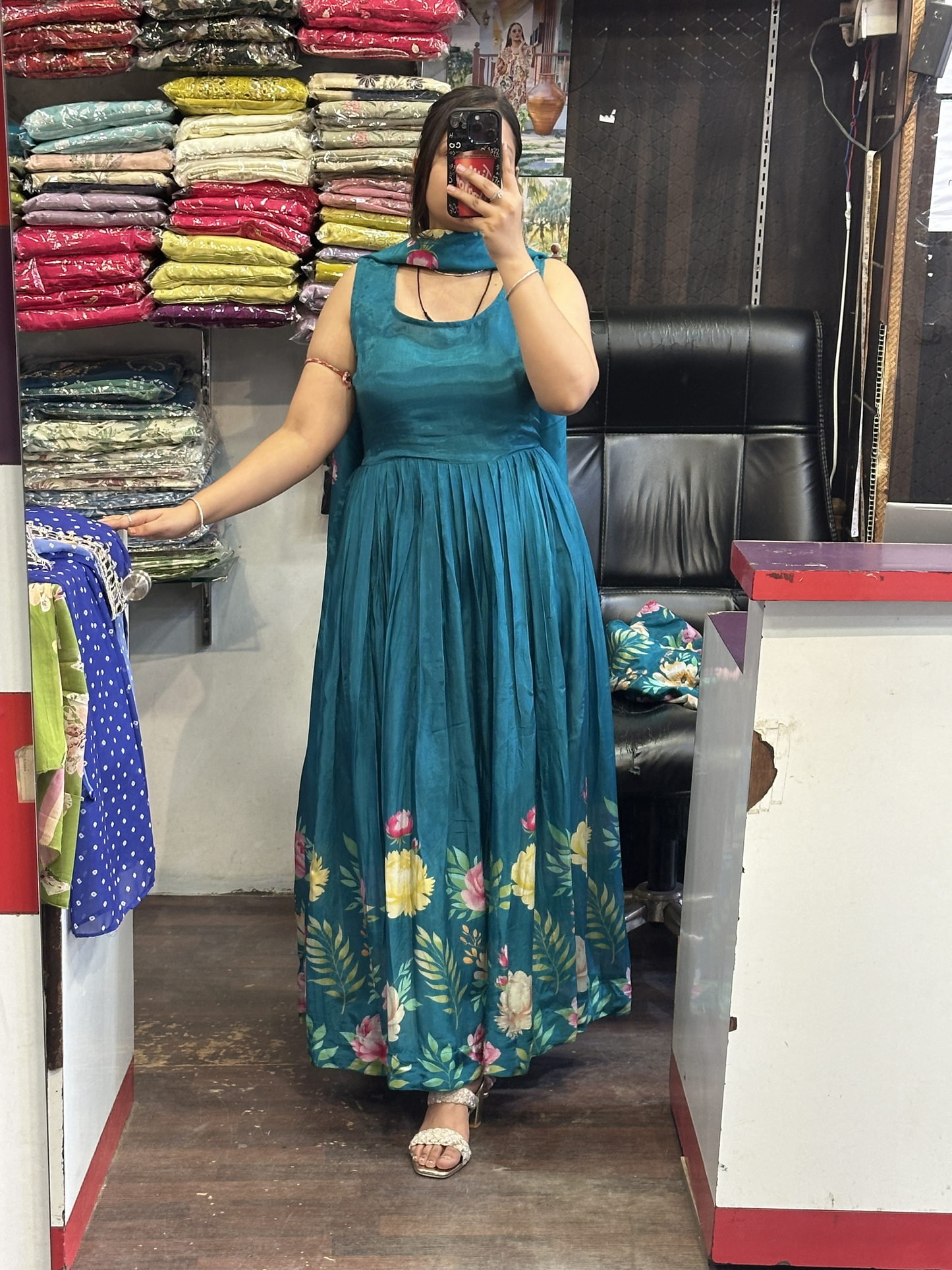 Peacock Shade Crepe Floral Print Full Flair Anarkali Suit with Embroidered Jacket
