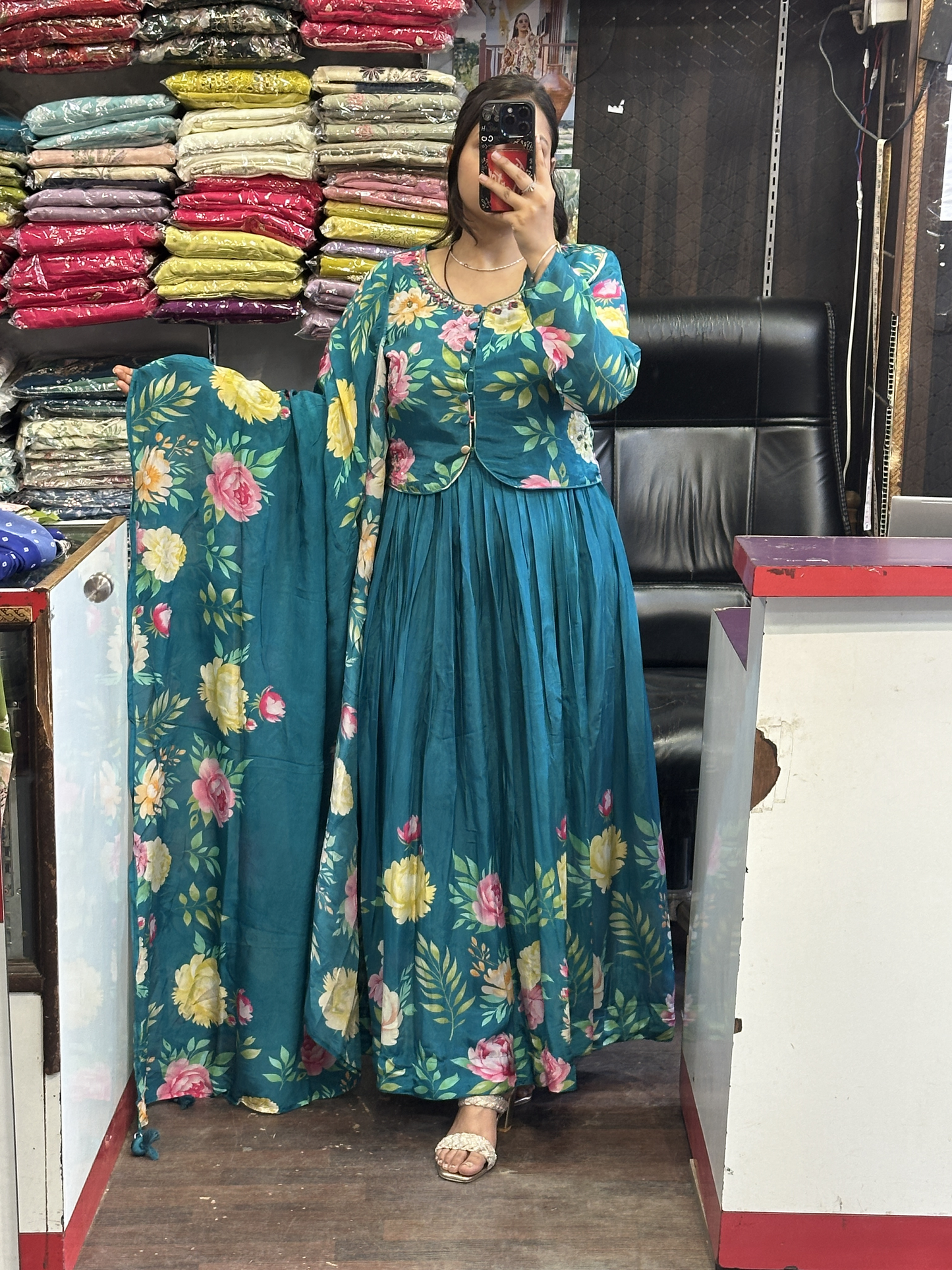 Peacock Shade Crepe Floral Print Full Flair Anarkali Suit with Embroidered Jacket