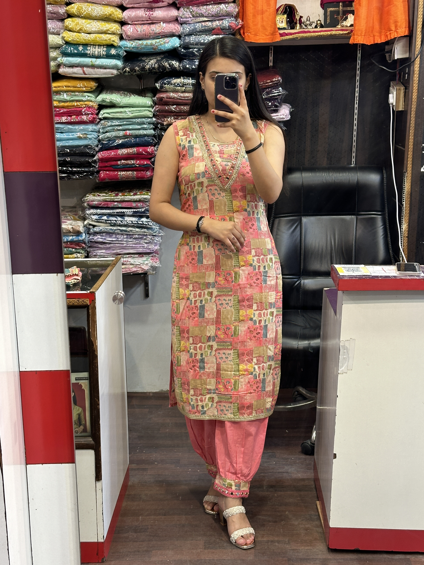 V Neck Mirror Work Cotton Afgani Salwar Suit with Tie & Die Dupatta
