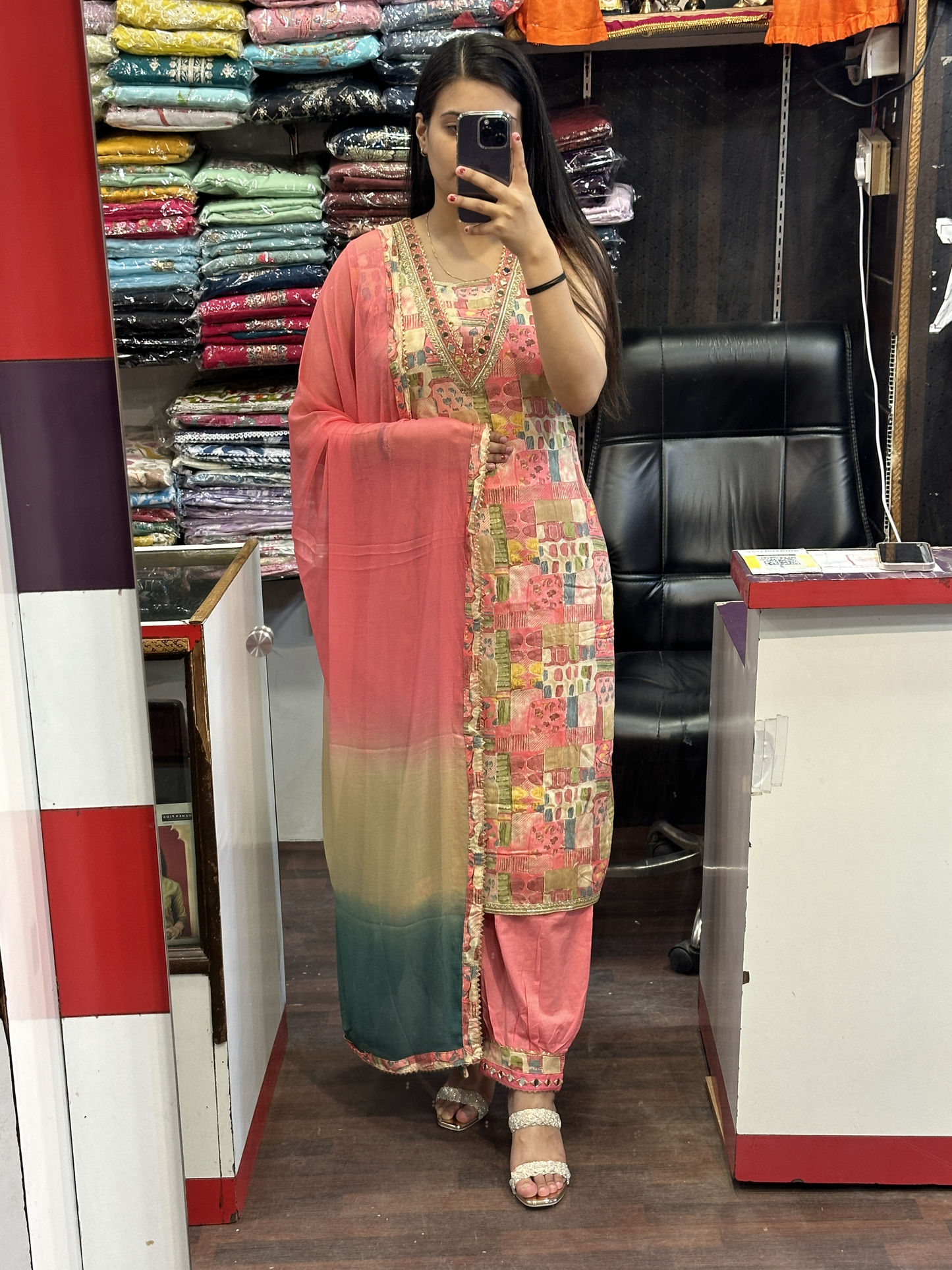 V Neck Mirror Work Cotton Afgani Salwar Suit with Tie & Die Dupatta