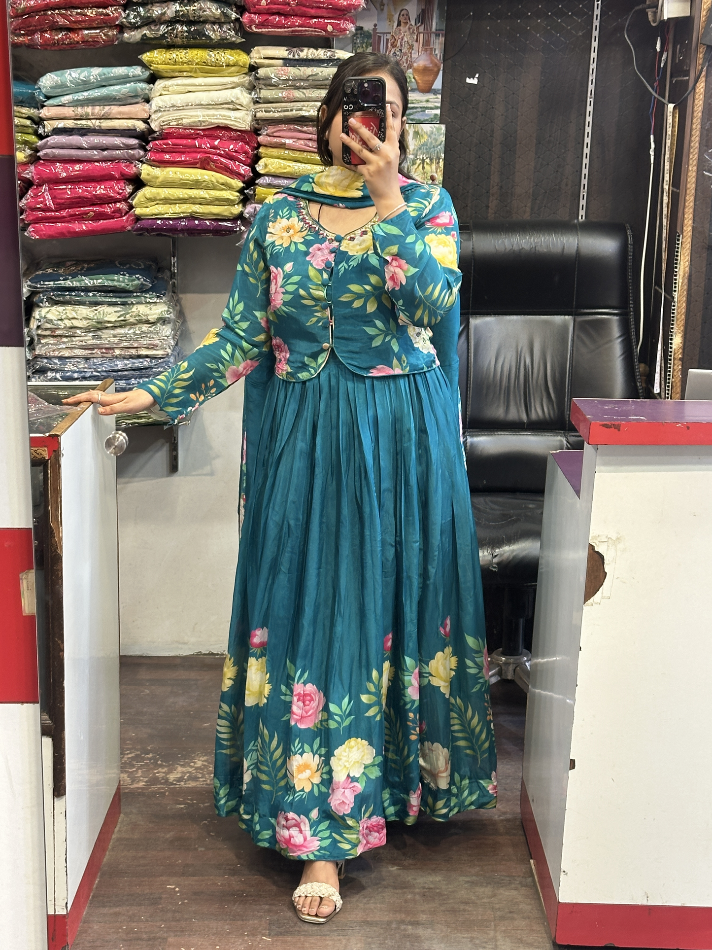 Peacock Shade Crepe Floral Print Full Flair Anarkali Suit with Embroidered Jacket
