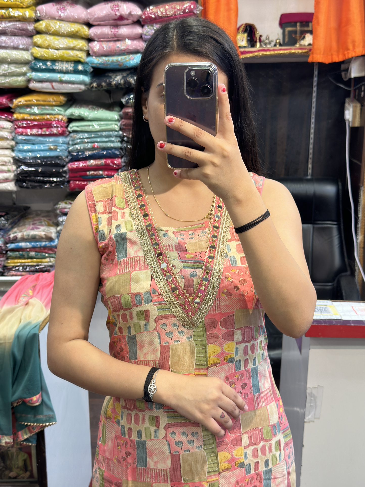 V Neck Mirror Work Cotton Afgani Salwar Suit with Tie & Die Dupatta