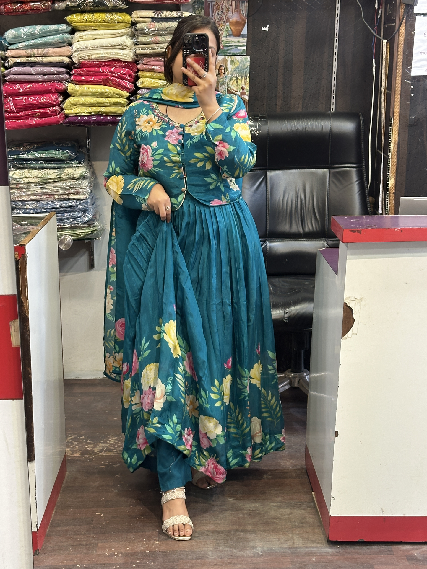 Peacock Shade Crepe Floral Print Full Flair Anarkali Suit with Embroidered Jacket