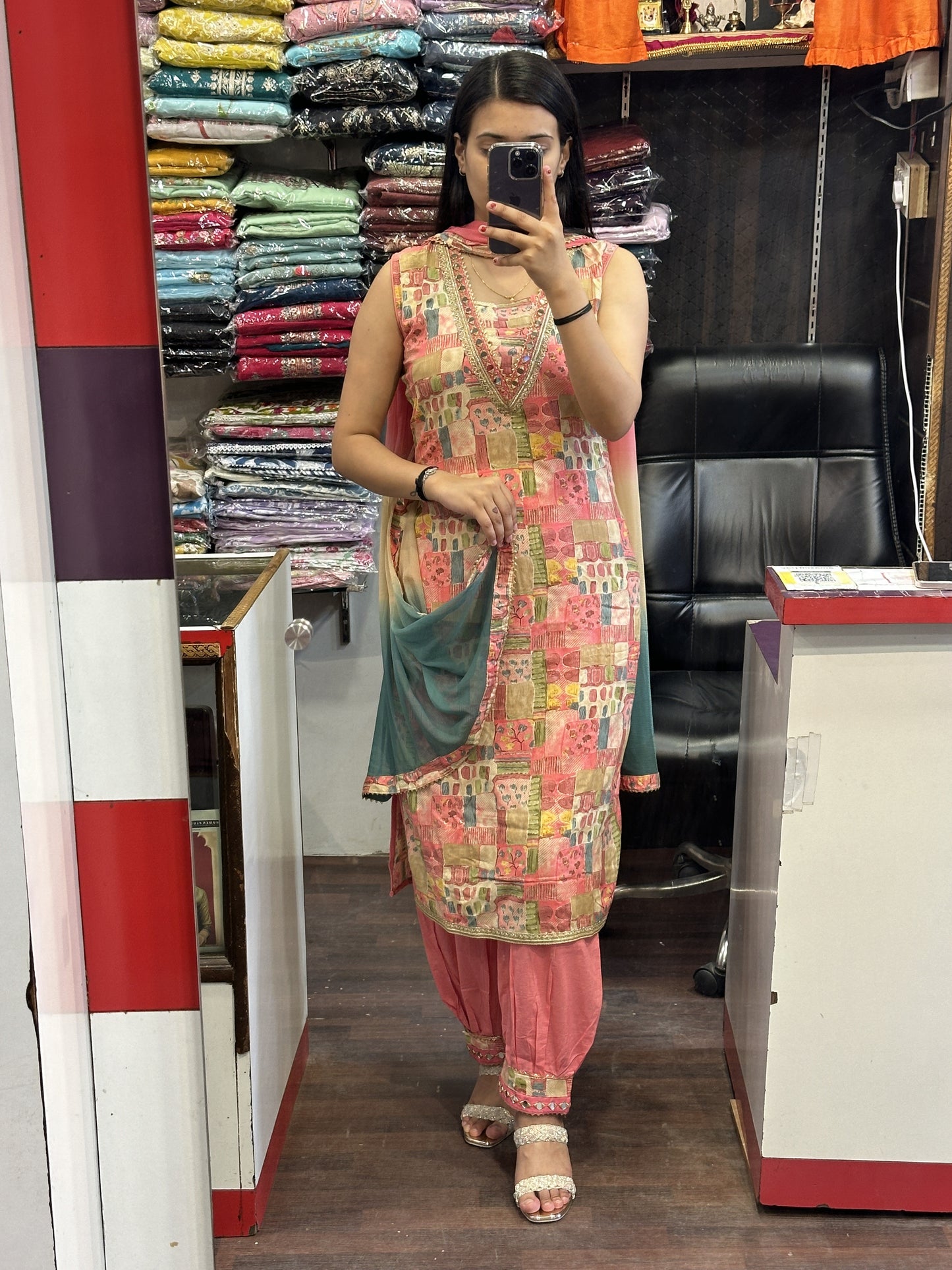 V Neck Mirror Work Cotton Afgani Salwar Suit with Tie & Die Dupatta