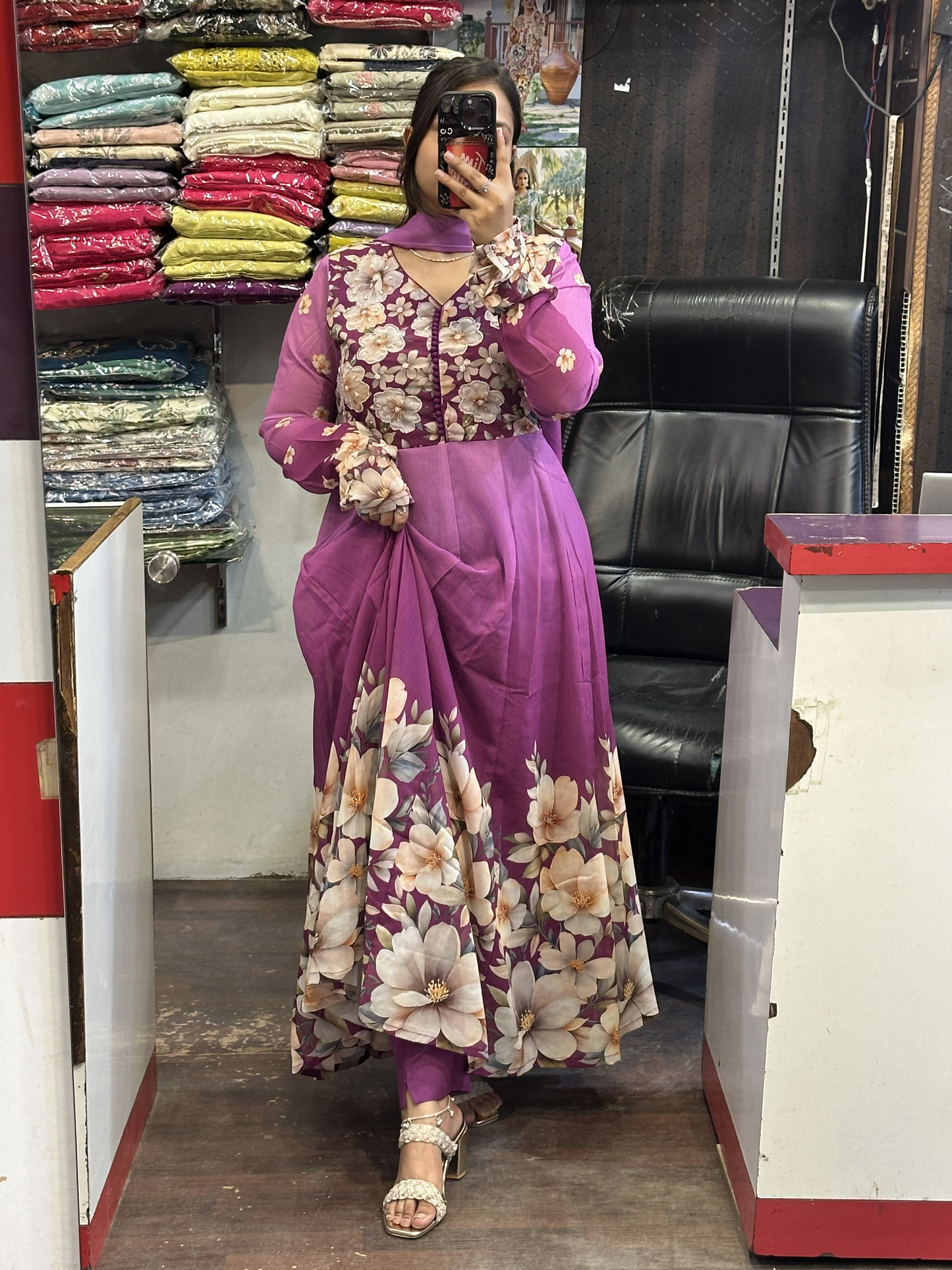 Purple Soft Organza Floral Print Full Flair Anarkali Suit with Hand Embroidery Work on Neck & Embroidered Organza Dupatta