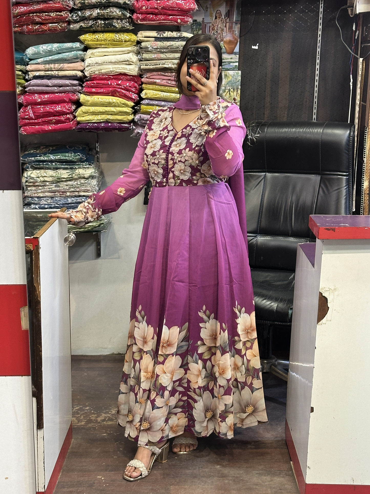 Purple Soft Organza Floral Print Full Flair Anarkali Suit with Hand Embroidery Work on Neck & Embroidered Organza Dupatta