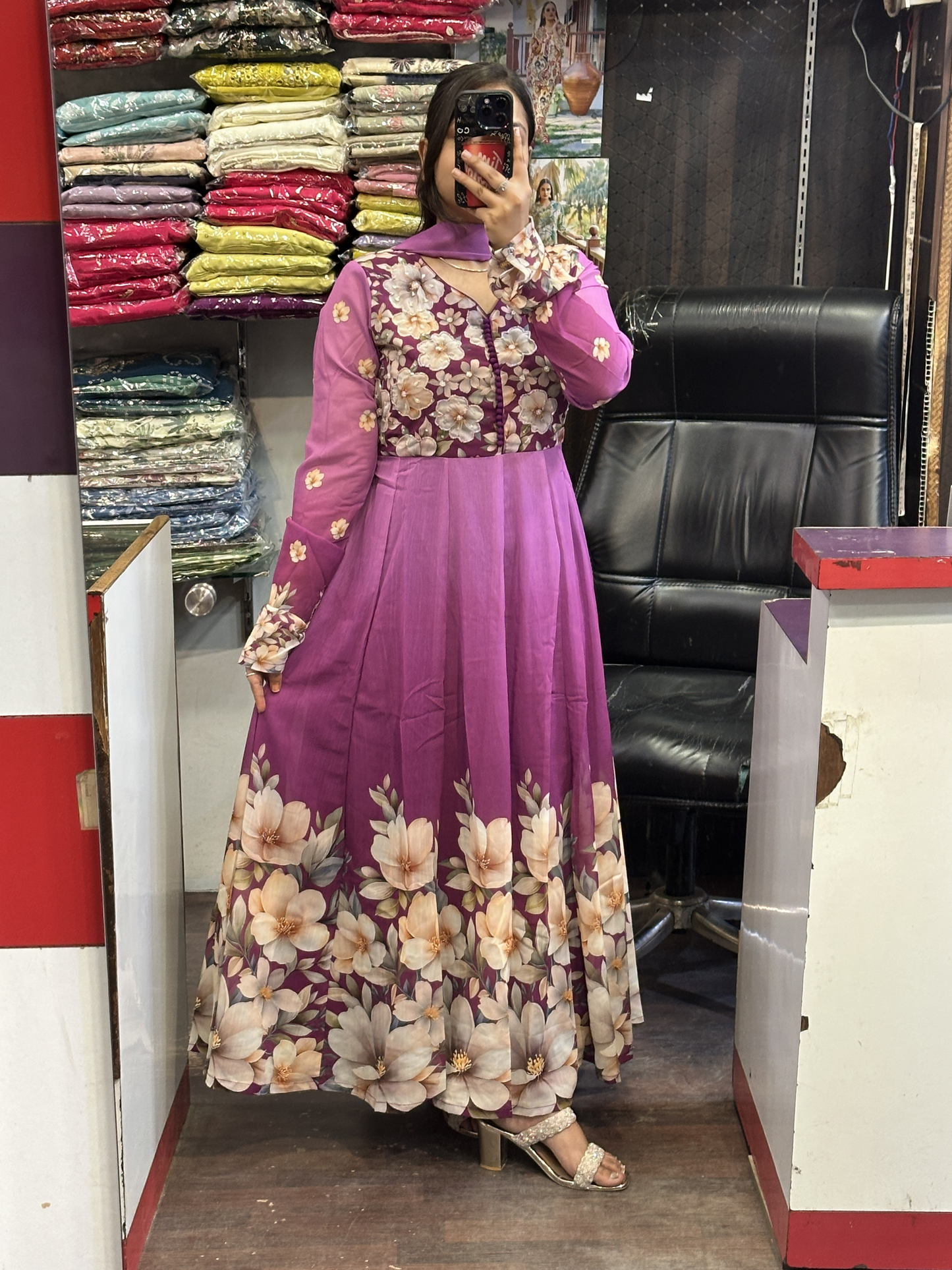 Purple Soft Organza Floral Print Full Flair Anarkali Suit with Hand Embroidery Work on Neck & Embroidered Organza Dupatta
