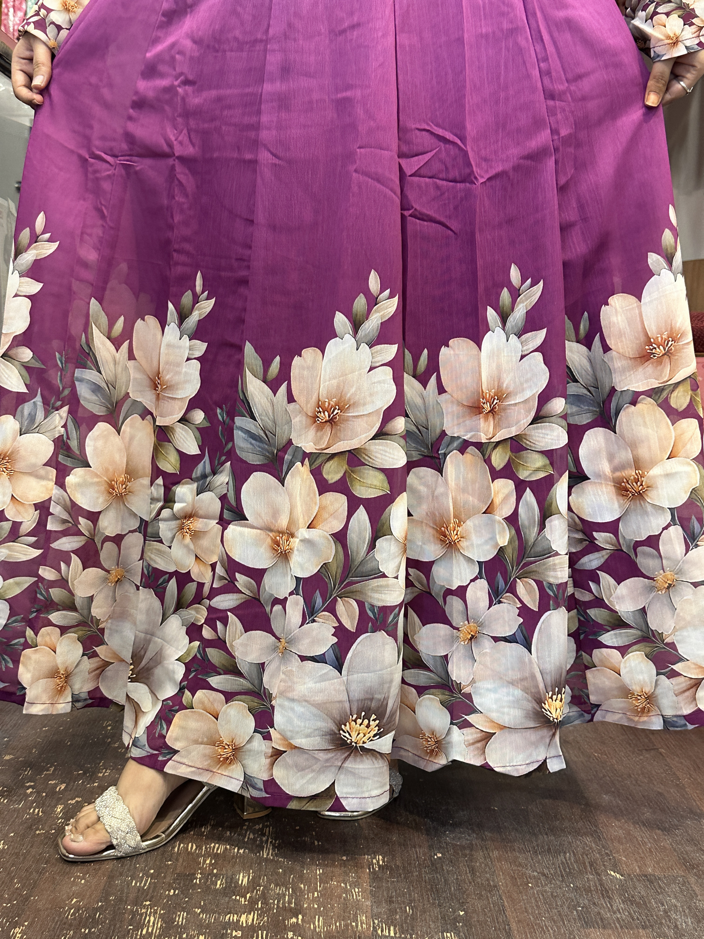 Purple Soft Organza Floral Print Full Flair Anarkali Suit with Hand Embroidery Work on Neck & Embroidered Organza Dupatta
