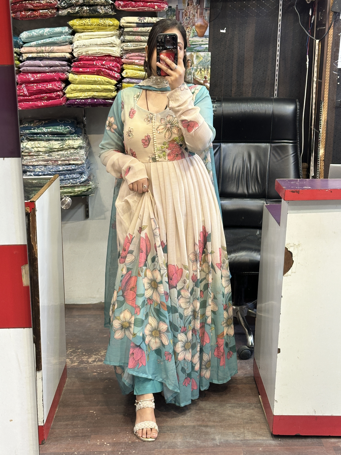 Soft Chiffon Floral Print Full Flair Anarkali Suit with Hand Embroidery Work on Neck & Embroidered Organza Dupatta