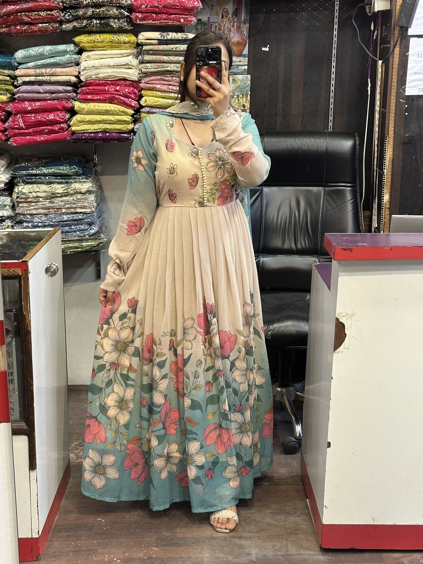 Soft Chiffon Floral Print Full Flair Anarkali Suit with Hand Embroidery Work on Neck & Embroidered Organza Dupatta