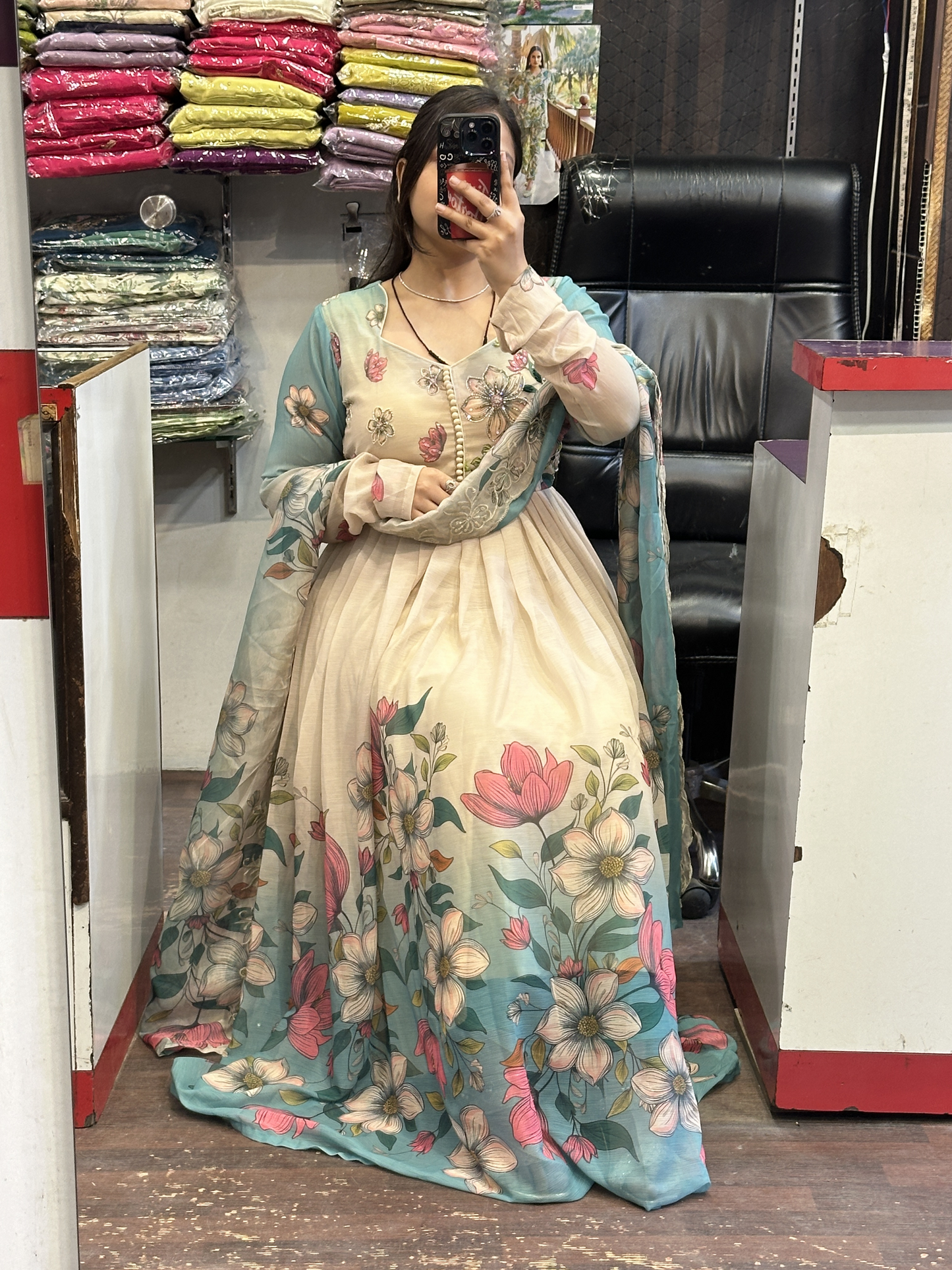 Soft Chiffon Floral Print Full Flair Anarkali Suit with Hand Embroidery Work on Neck & Embroidered Organza Dupatta