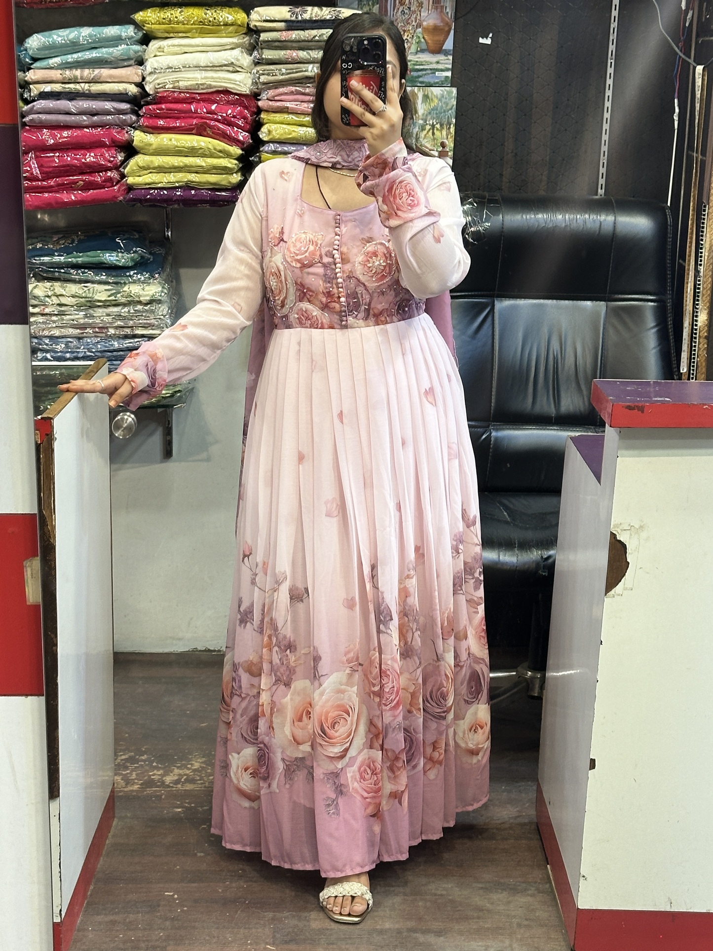 Soft Chiffon Floral Print Full Flair Anarkali Suit with Hand Embroidery Work on Neck & Embroidered Organza Dupatta