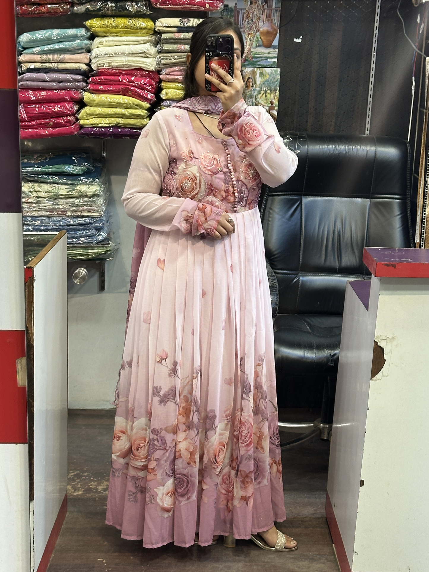 Soft Chiffon Floral Print Full Flair Anarkali Suit with Hand Embroidery Work on Neck & Embroidered Organza Dupatta