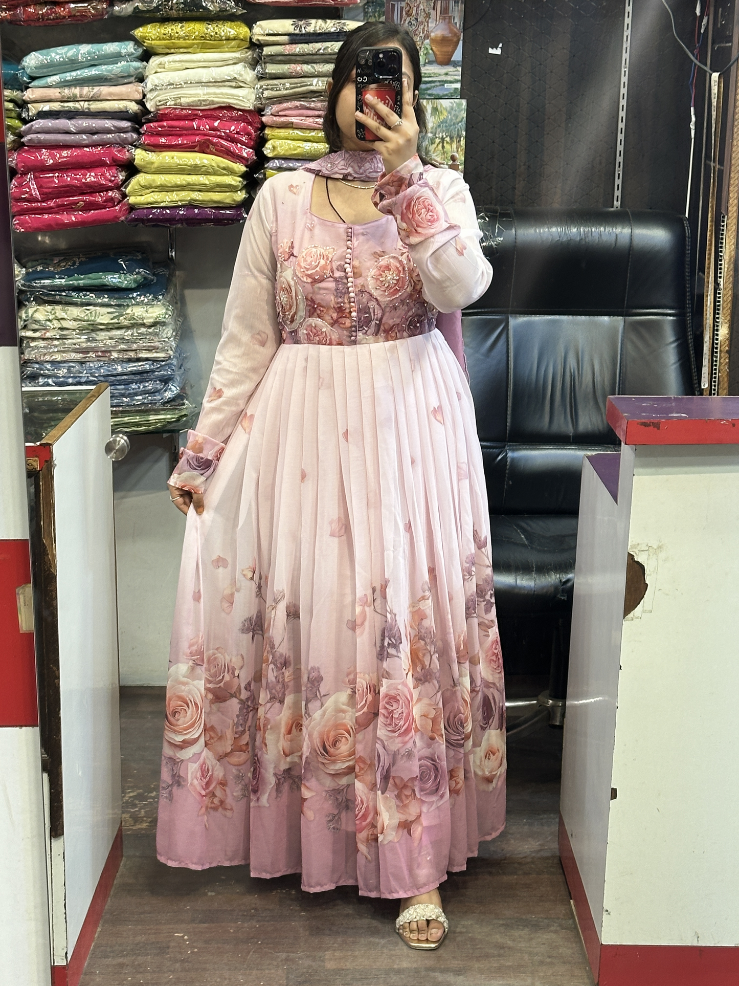 Soft Chiffon Floral Print Full Flair Anarkali Suit with Hand Embroidery Work on Neck & Embroidered Organza Dupatta