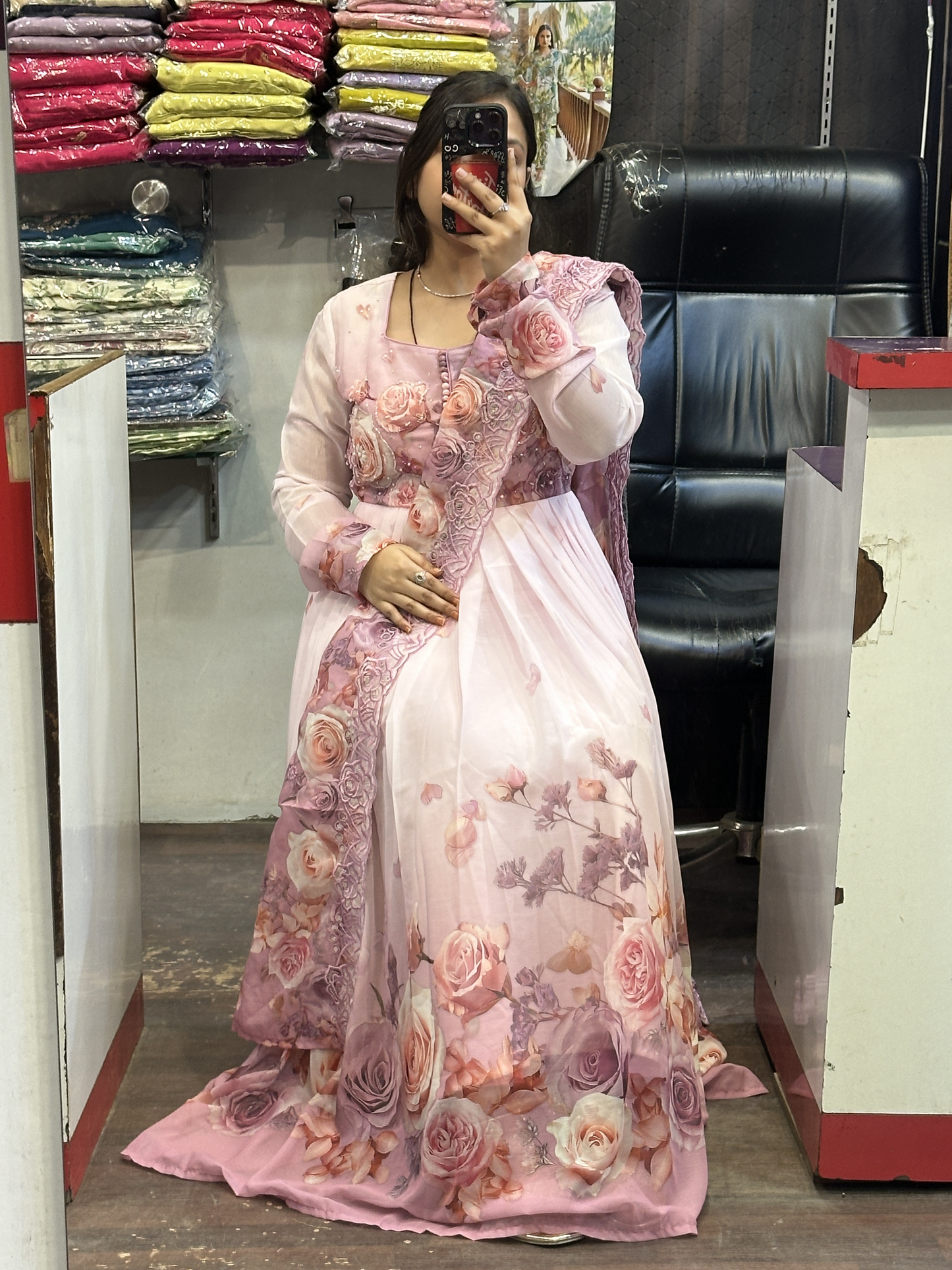 Soft Chiffon Floral Print Full Flair Anarkali Suit with Hand Embroidery Work on Neck & Embroidered Organza Dupatta