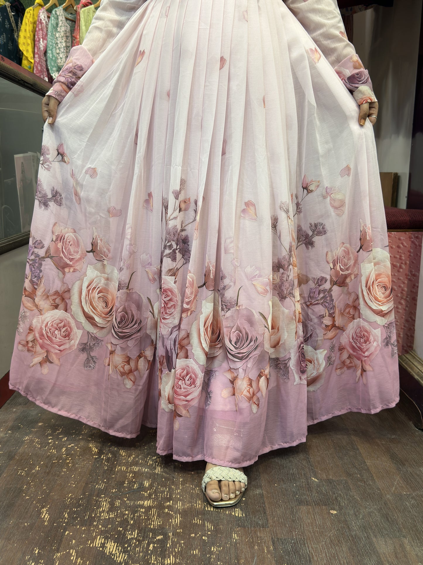 Soft Chiffon Floral Print Full Flair Anarkali Suit with Hand Embroidery Work on Neck & Embroidered Organza Dupatta