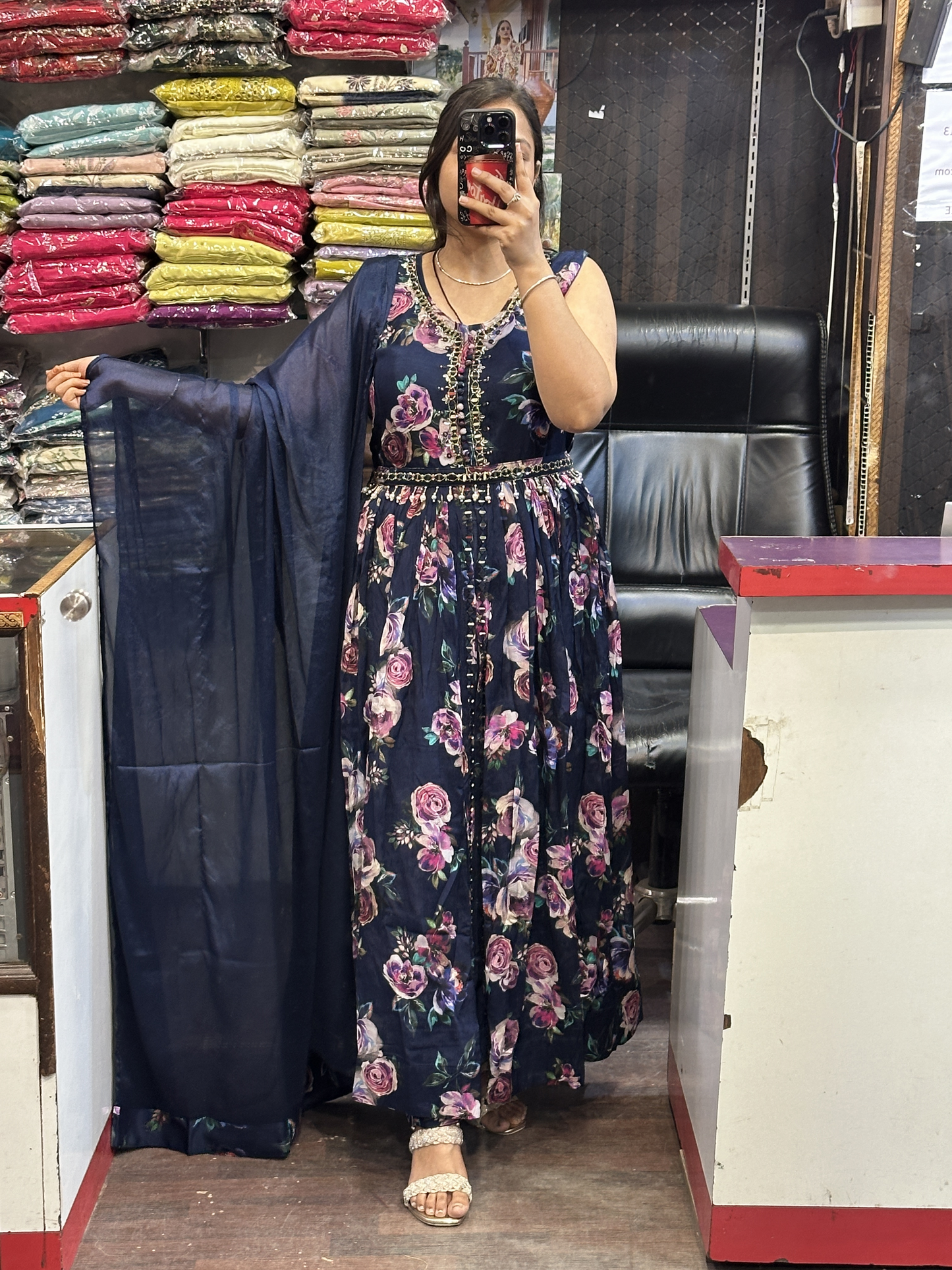 Blue Chinnon Dress with Mirror work with Front Cut And Detachable Belt Chinnon Dupatta & Pant