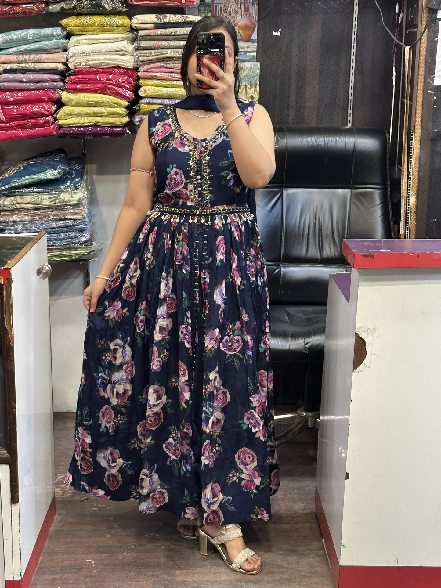 Blue Chinnon Dress with Mirror work with Front Cut And Detachable Belt Chinnon Dupatta & Pant