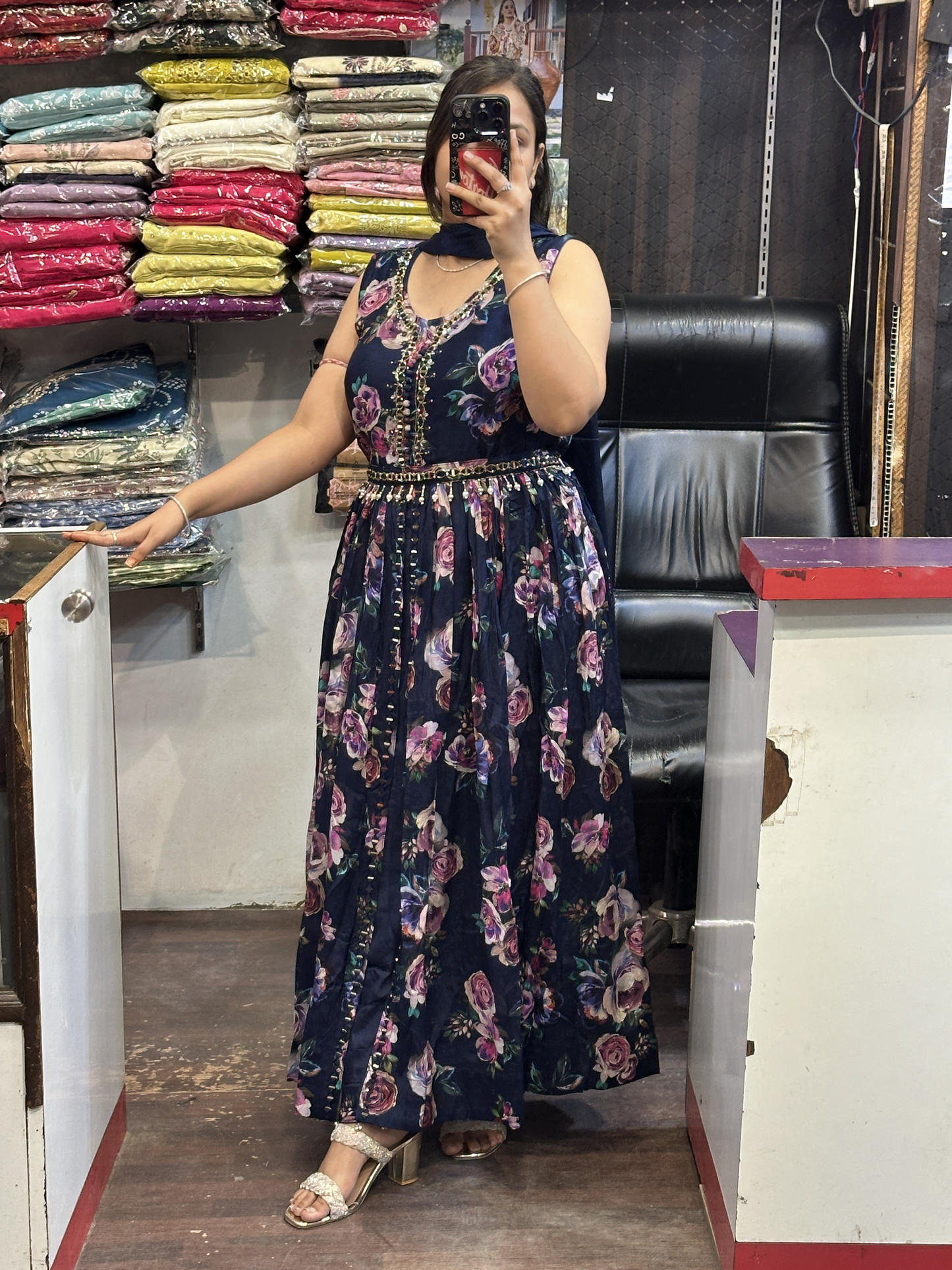 Blue Chinnon Dress with Mirror work with Front Cut And Detachable Belt Chinnon Dupatta & Pant