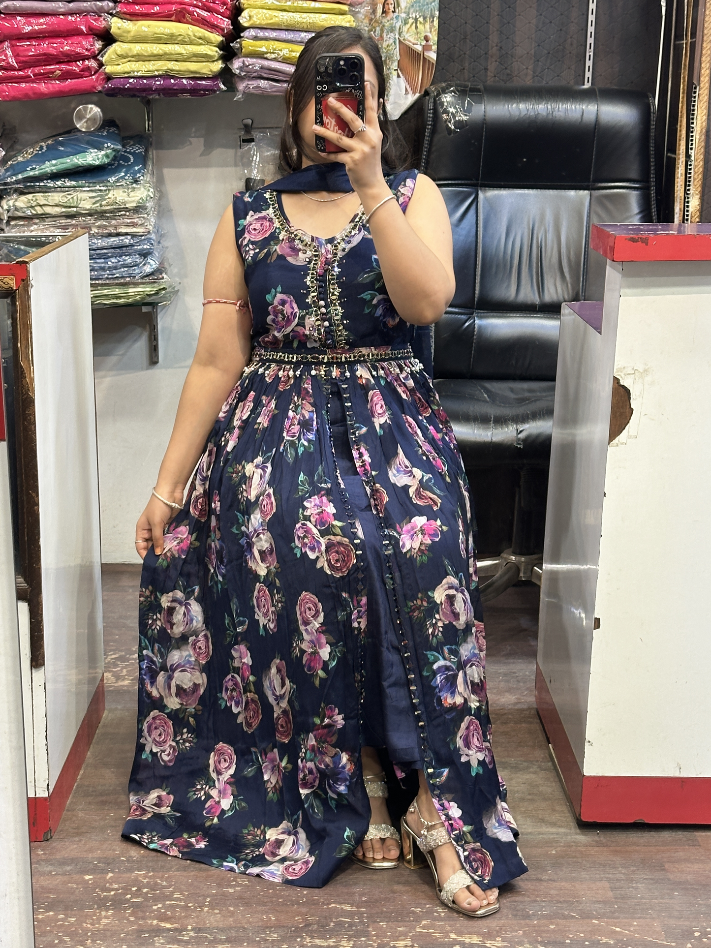 Blue Chinnon Dress with Mirror work with Front Cut And Detachable Belt Chinnon Dupatta & Pant