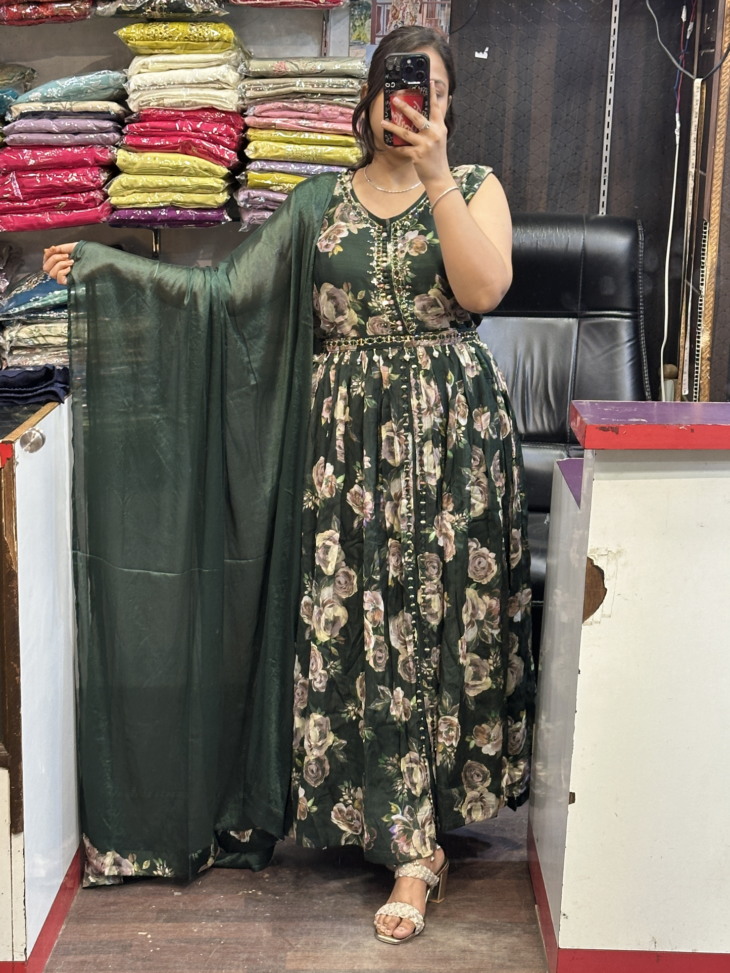 Mehndi Green Chinnon Dress with Mirror work with Front Cut And Detachable Belt Chinnon Dupatta & Pant