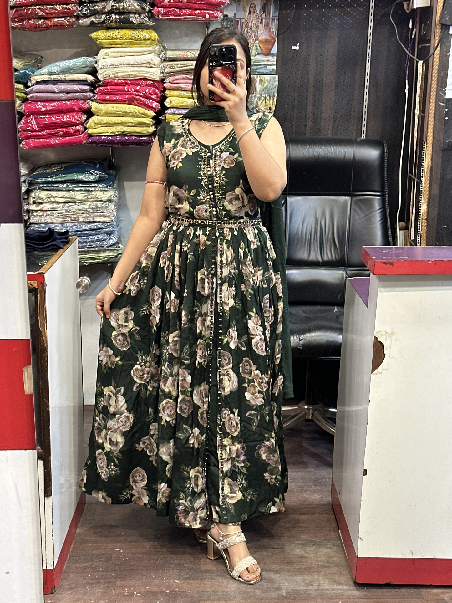 Mehndi Green Chinnon Dress with Mirror work with Front Cut And Detachable Belt Chinnon Dupatta & Pant
