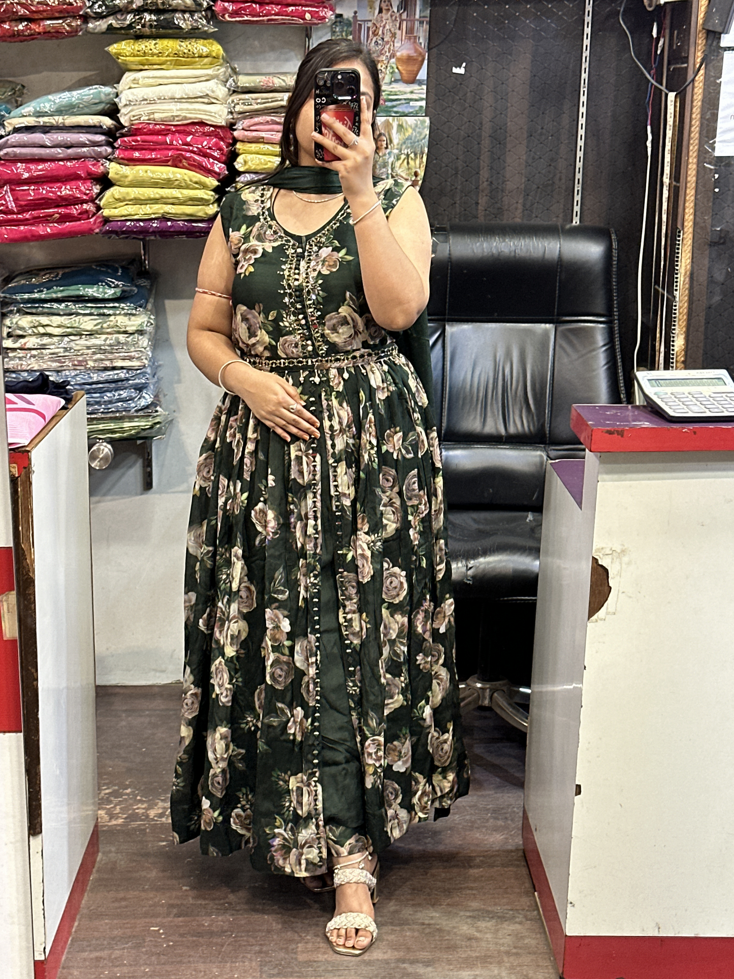 Mehndi Green Chinnon Dress with Mirror work with Front Cut And Detachable Belt Chinnon Dupatta & Pant