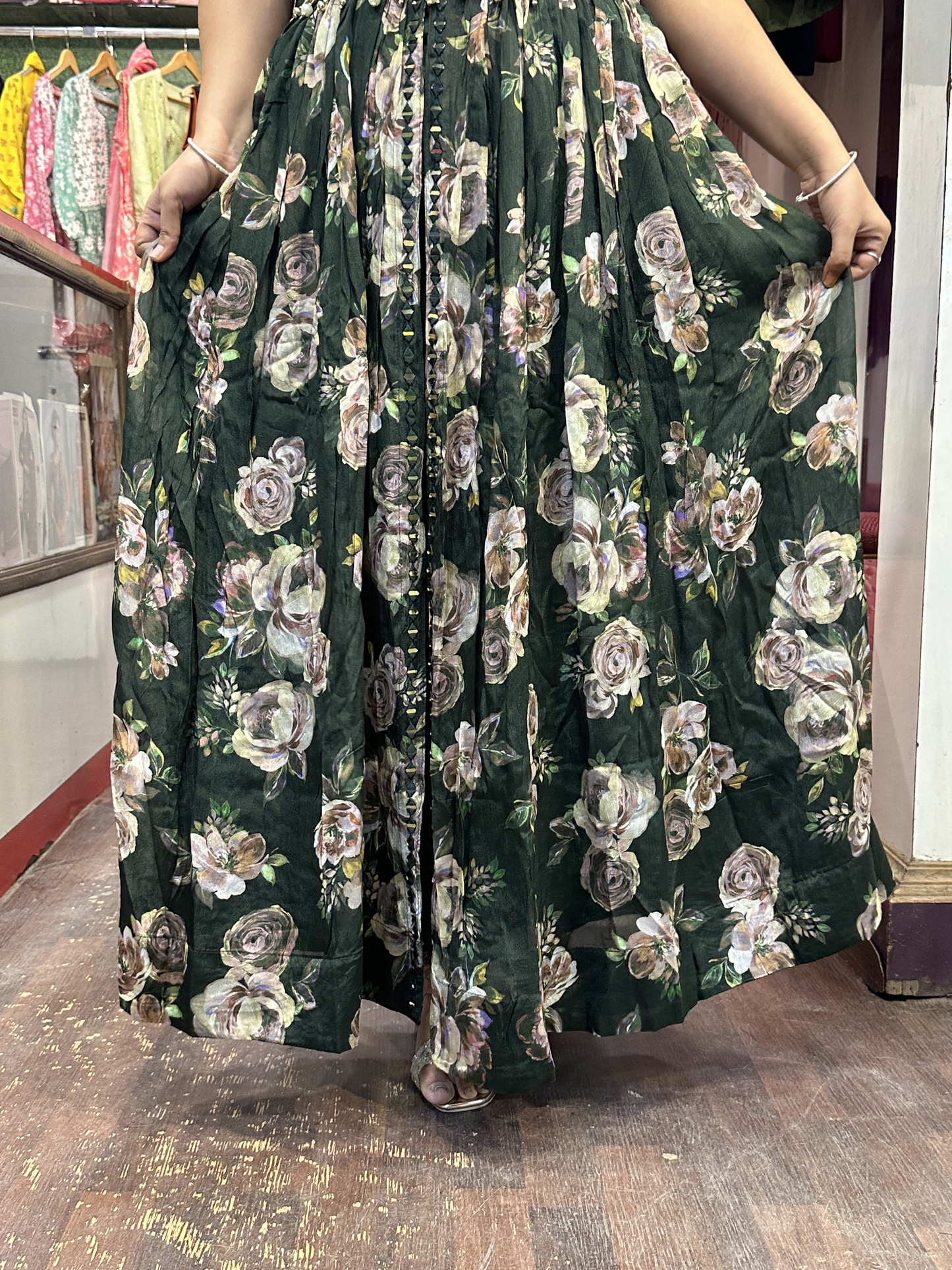 Mehndi Green Chinnon Dress with Mirror work with Front Cut And Detachable Belt Chinnon Dupatta & Pant