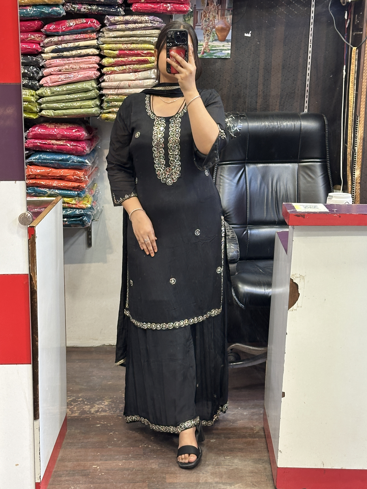 Black Pure Chinnon Embroidered Short Kurti Dress with Lining & Embroidered Full Flared Divider with Full Embroidered Dupatta