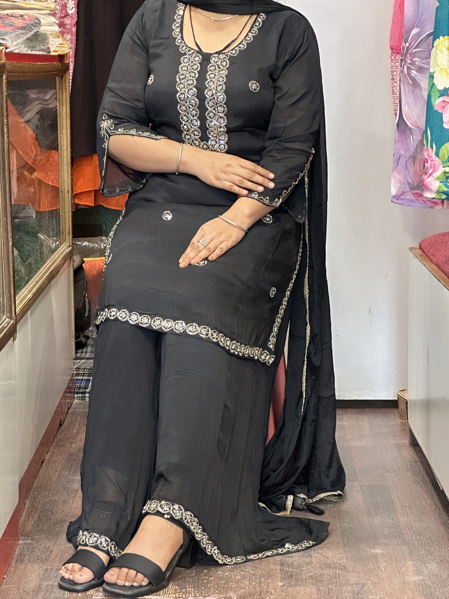 Black Pure Chinnon Embroidered Short Kurti Dress with Lining & Embroidered Full Flared Divider with Full Embroidered Dupatta
