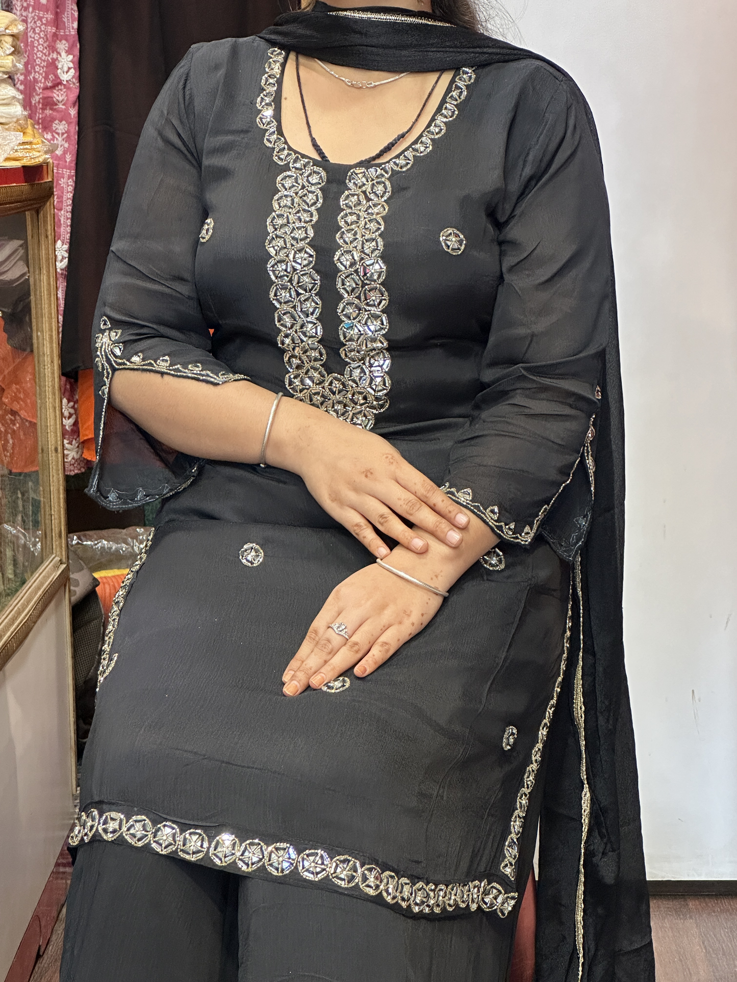 Black Pure Chinnon Embroidered Short Kurti Dress with Lining & Embroidered Full Flared Divider with Full Embroidered Dupatta