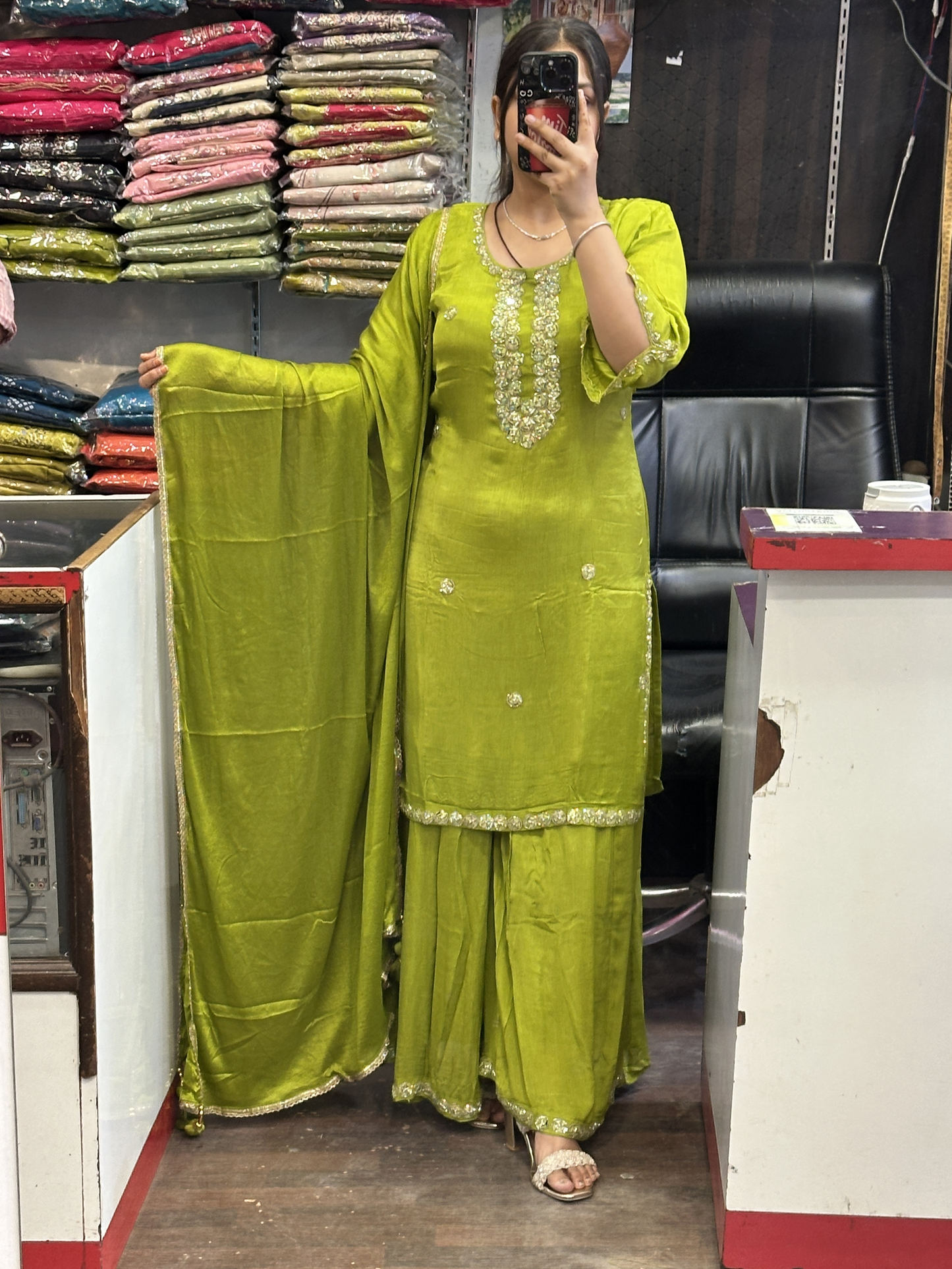 Pure Chinnon Embroidered Short Kurti Dress with Lining & Embroidered Full Flared Divider with Full Embroidered Dupatta