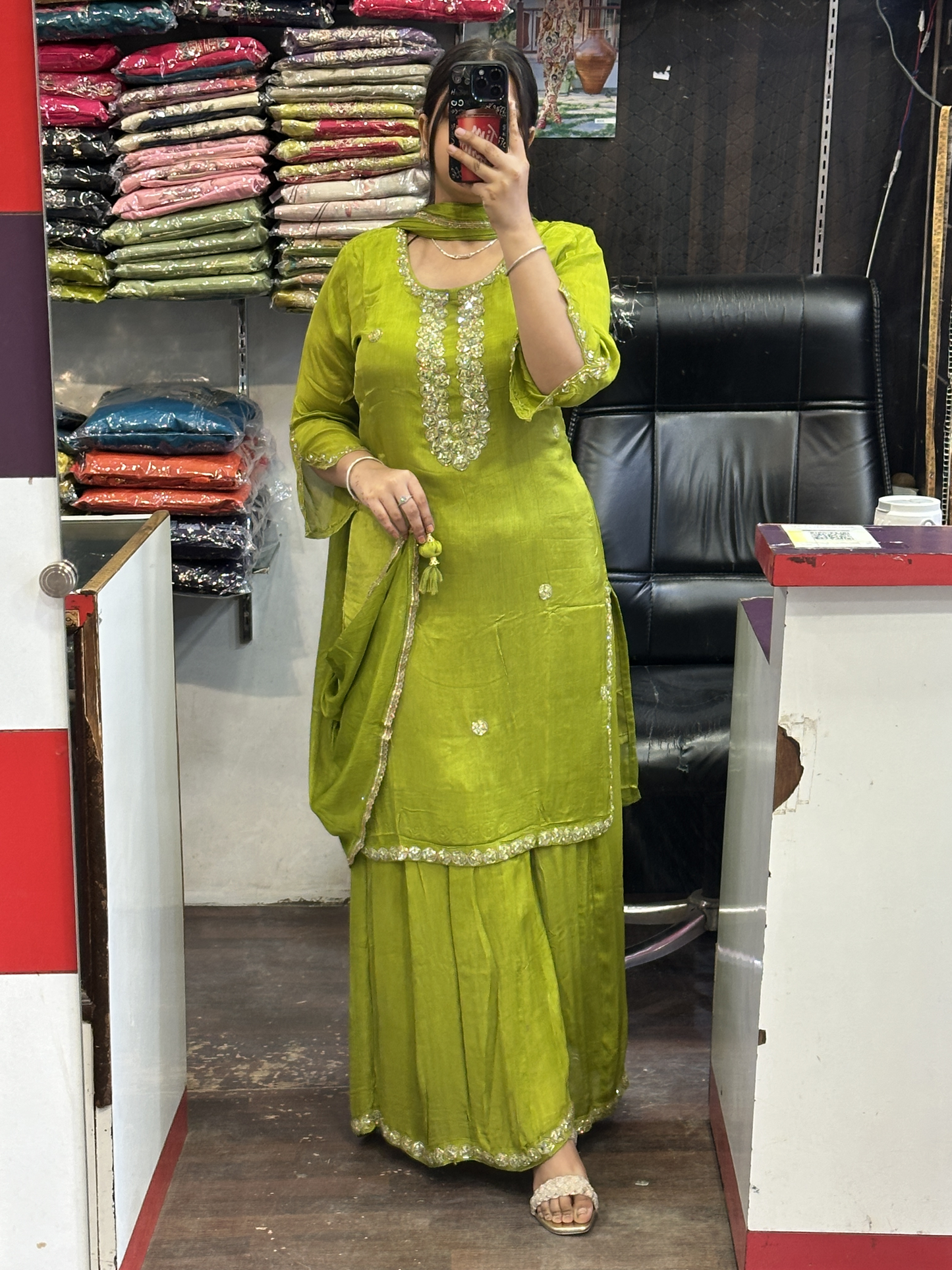 Pure Chinnon Embroidered Short Kurti Dress with Lining & Embroidered Full Flared Divider with Full Embroidered Dupatta