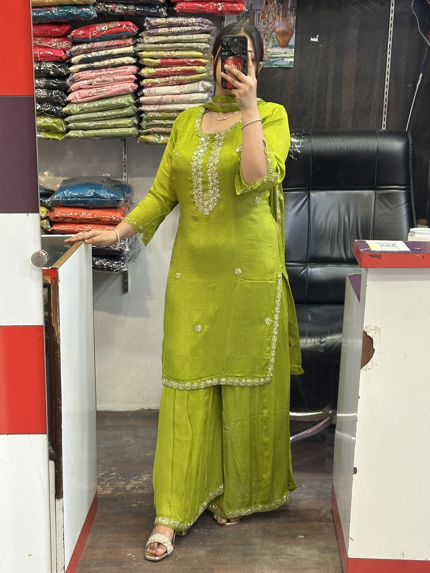 Pure Chinnon Embroidered Short Kurti Dress with Lining & Embroidered Full Flared Divider with Full Embroidered Dupatta