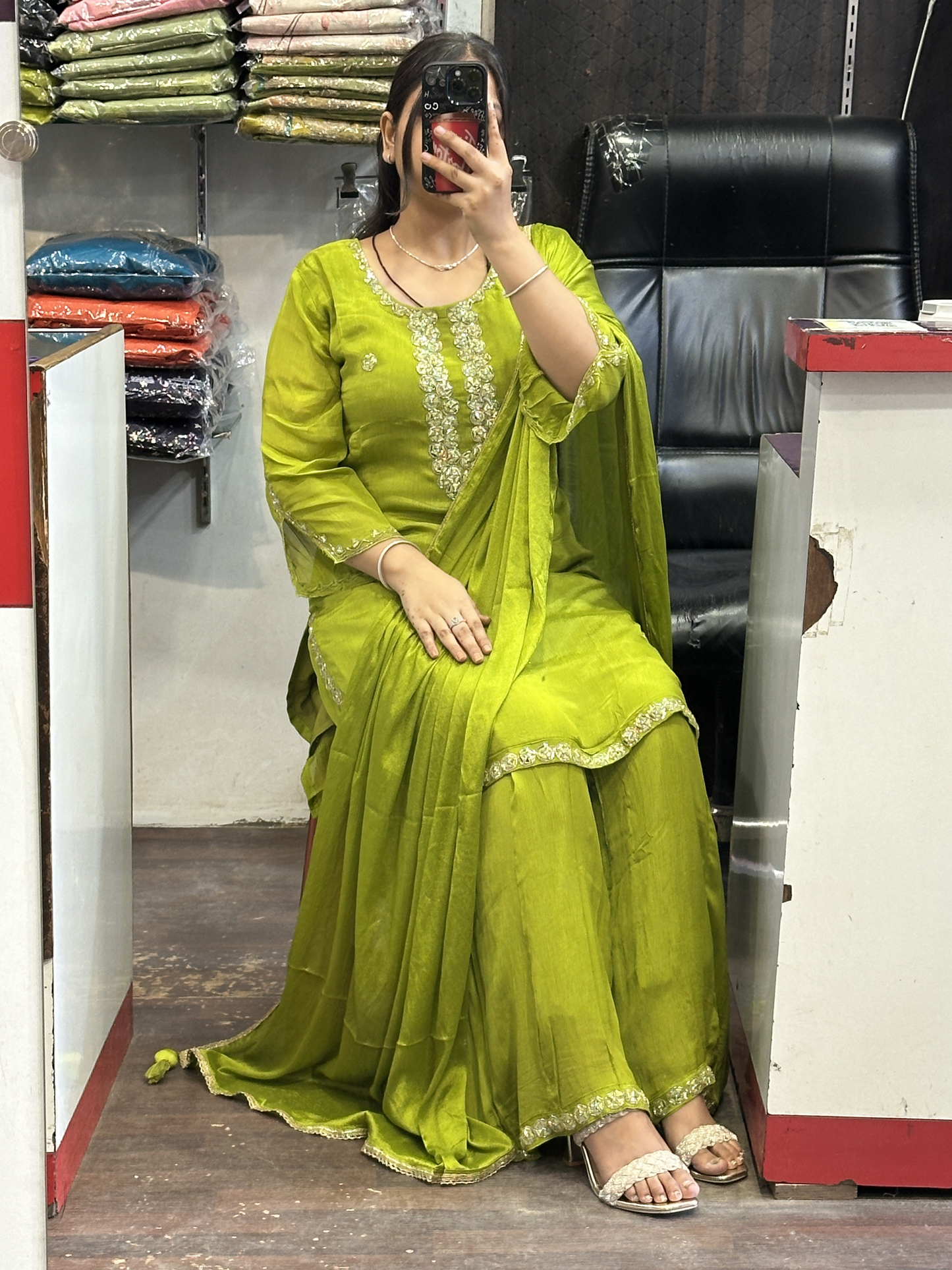 Pure Chinnon Embroidered Short Kurti Dress with Lining & Embroidered Full Flared Divider with Full Embroidered Dupatta