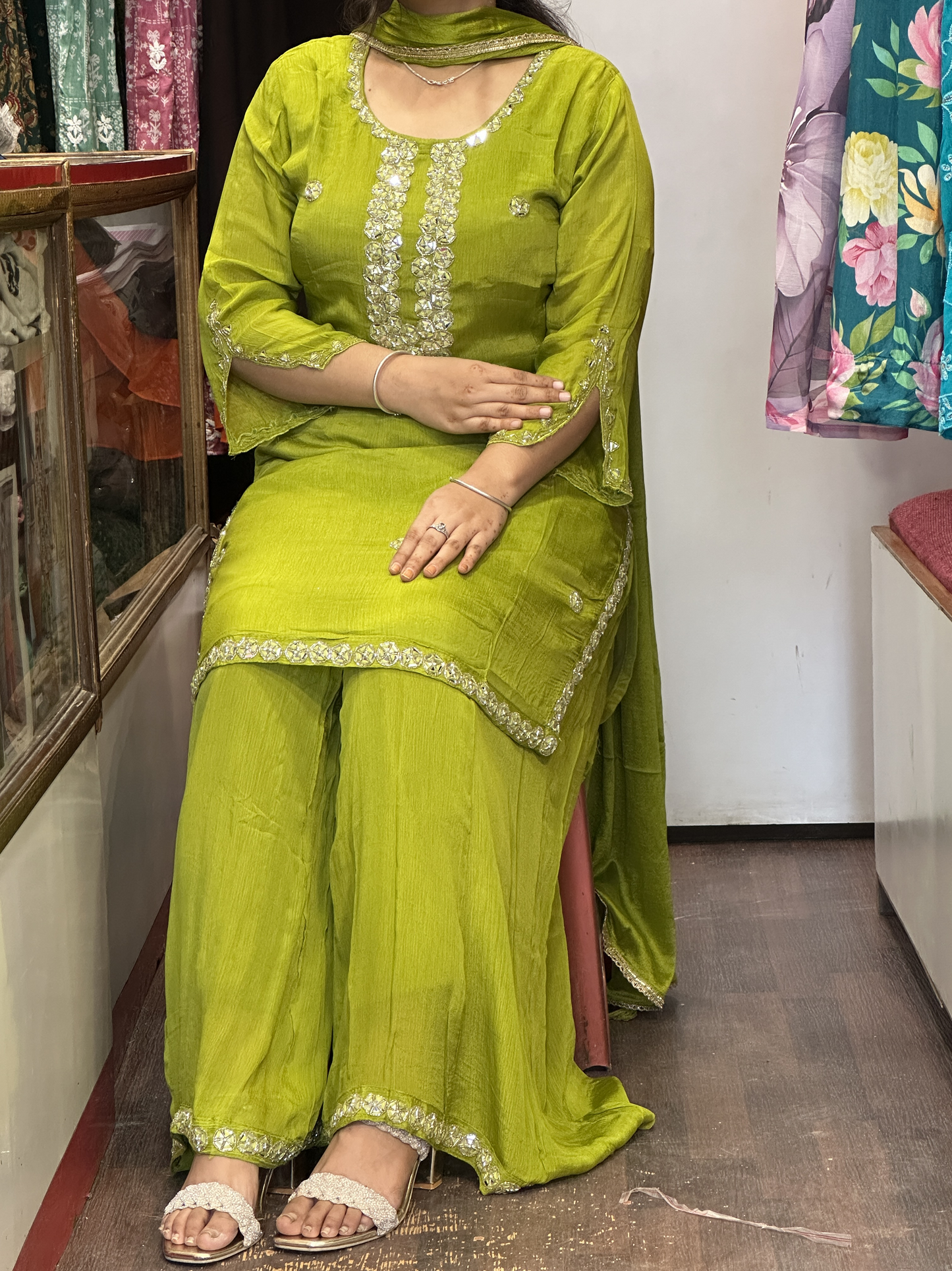 Pure Chinnon Embroidered Short Kurti Dress with Lining & Embroidered Full Flared Divider with Full Embroidered Dupatta