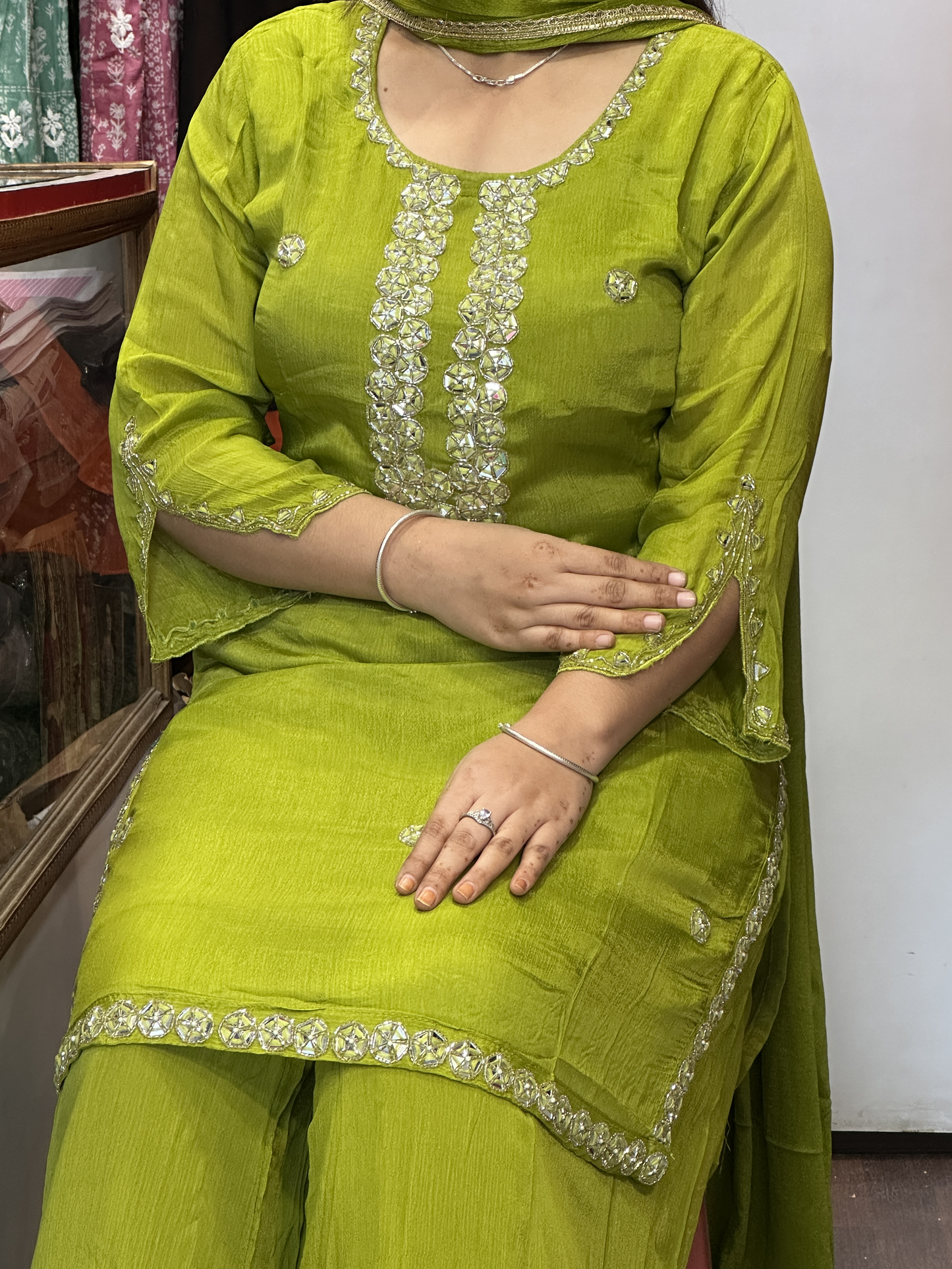Pure Chinnon Embroidered Short Kurti Dress with Lining & Embroidered Full Flared Divider with Full Embroidered Dupatta