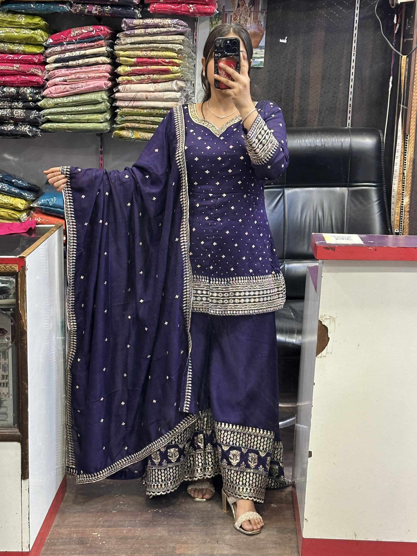 Embroidered Pure Raw Silk 3pc Dress with Lining & Embroidered Full Flared Divider with Designer Embroidered Sleeves and Full Pure Embroidered Dupatta