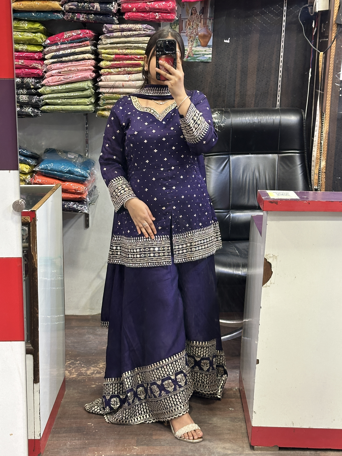 Embroidered Pure Raw Silk 3pc Dress with Lining & Embroidered Full Flared Divider with Designer Embroidered Sleeves and Full Pure Embroidered Dupatta